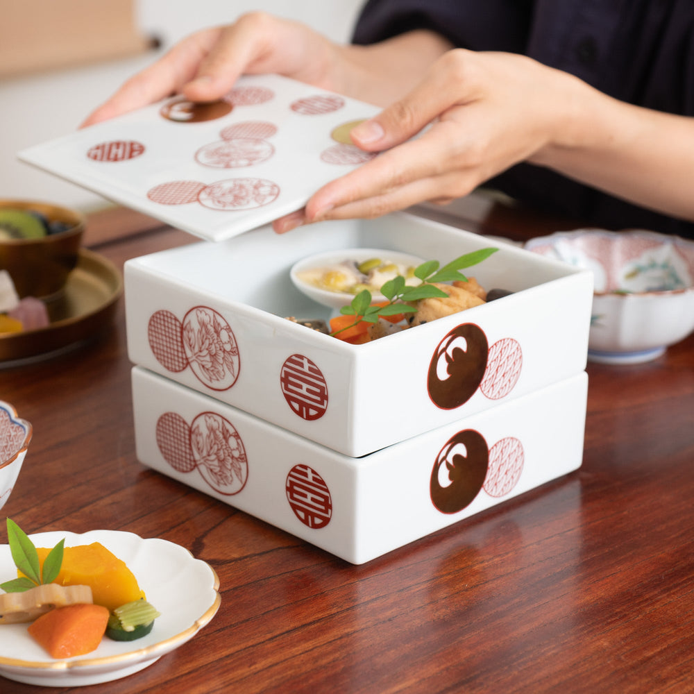 Yazaemon Red Circle Pattern Two Tiers Jubako Bento Box