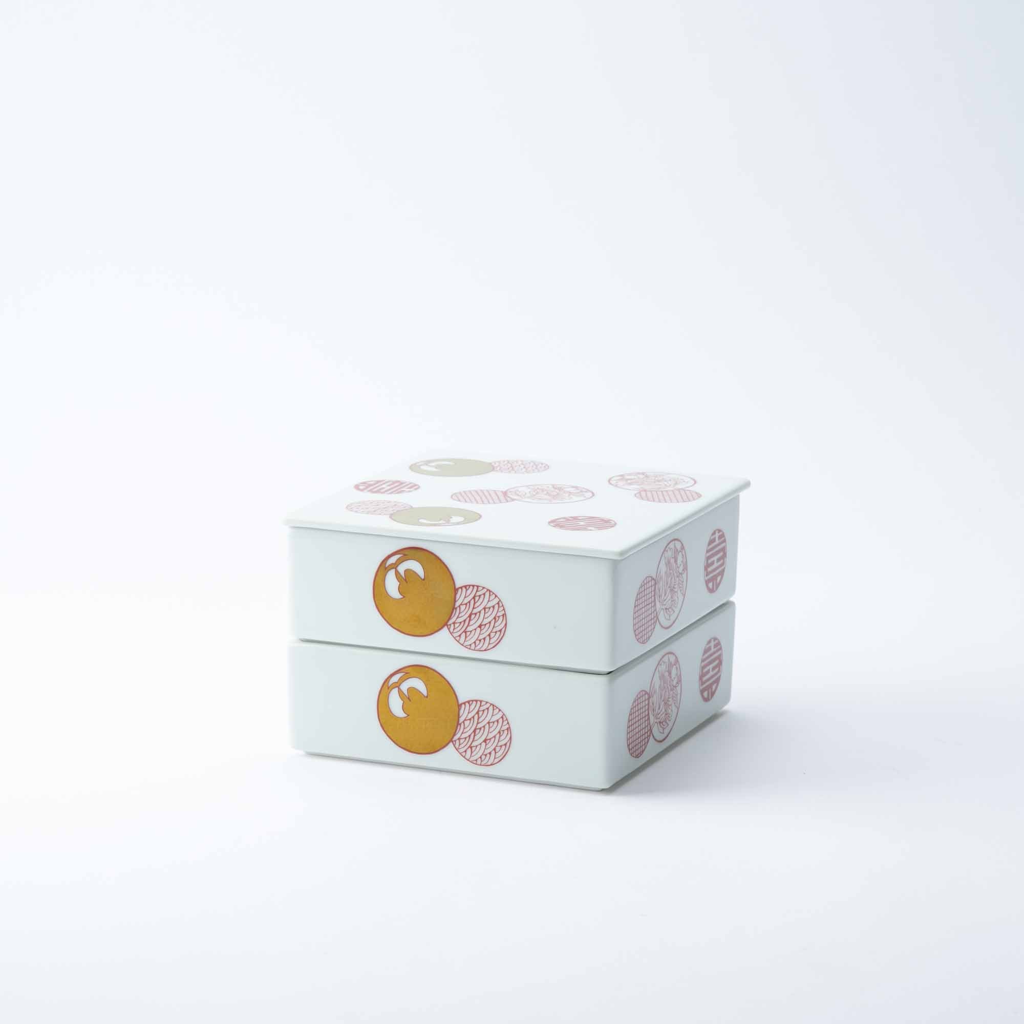 Arita Porcelain Lab Yazaemon Red Circle Pattern Two Tiers Jubako Bento Box - MUSUBI KILN - Quality Japanese Tableware and Gift