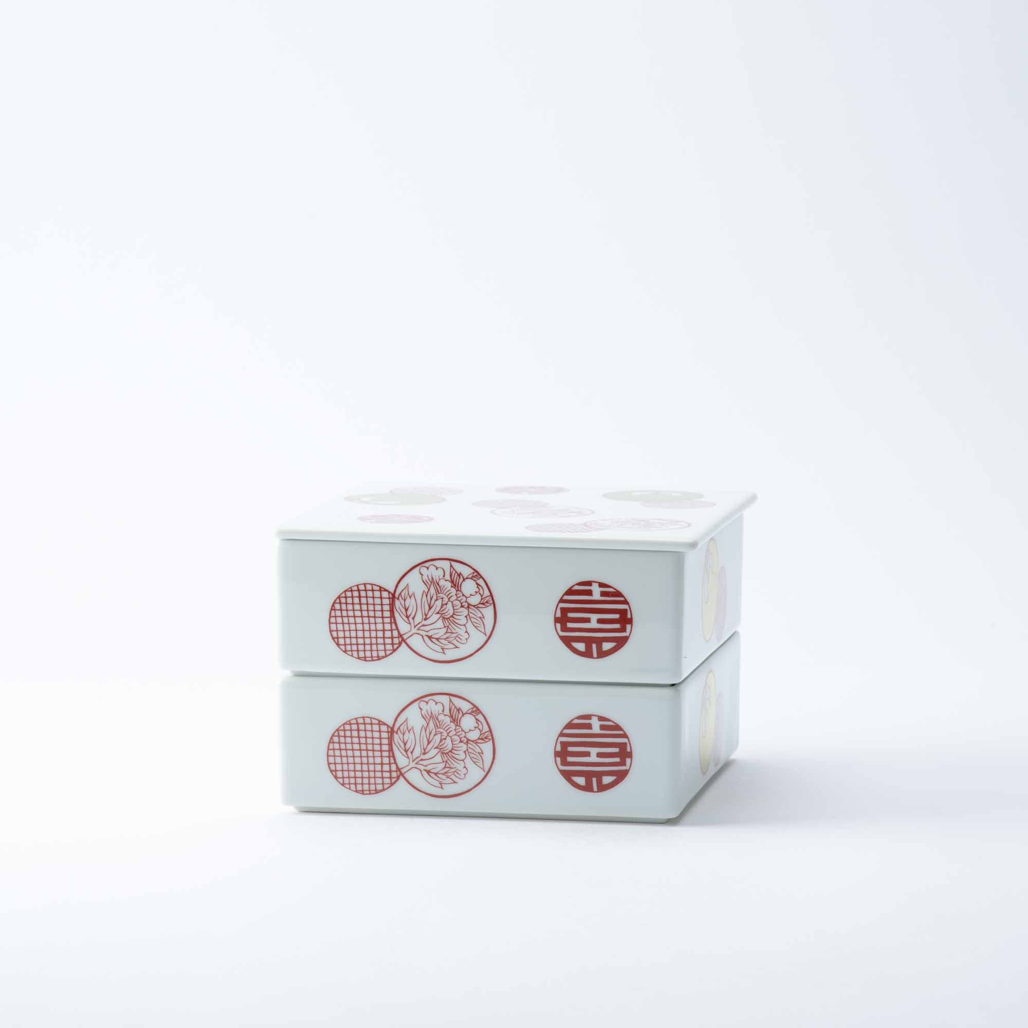 Arita Porcelain Lab Yazaemon Red Circle Pattern Two Tiers Jubako Bento Box - MUSUBI KILN - Quality Japanese Tableware and Gift