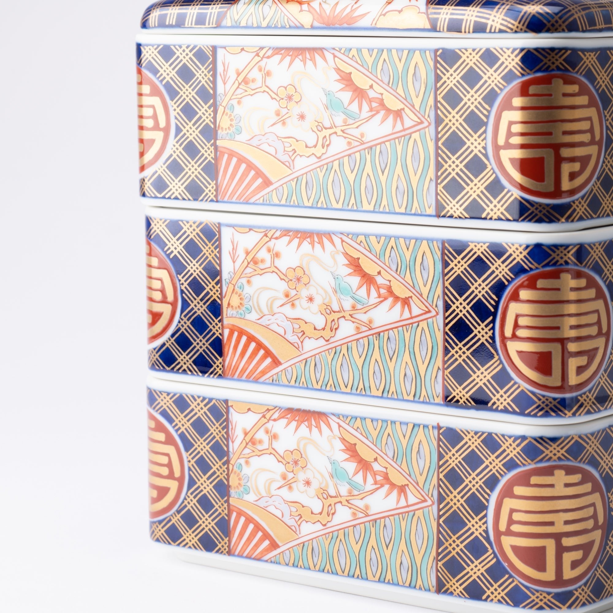 Arita Porcelain Lab Yazaemon Somenishiki "Kotobuki" Pattern Three - tier Food Box - MUSUBI KILN - Quality Japanese Tableware and Gift