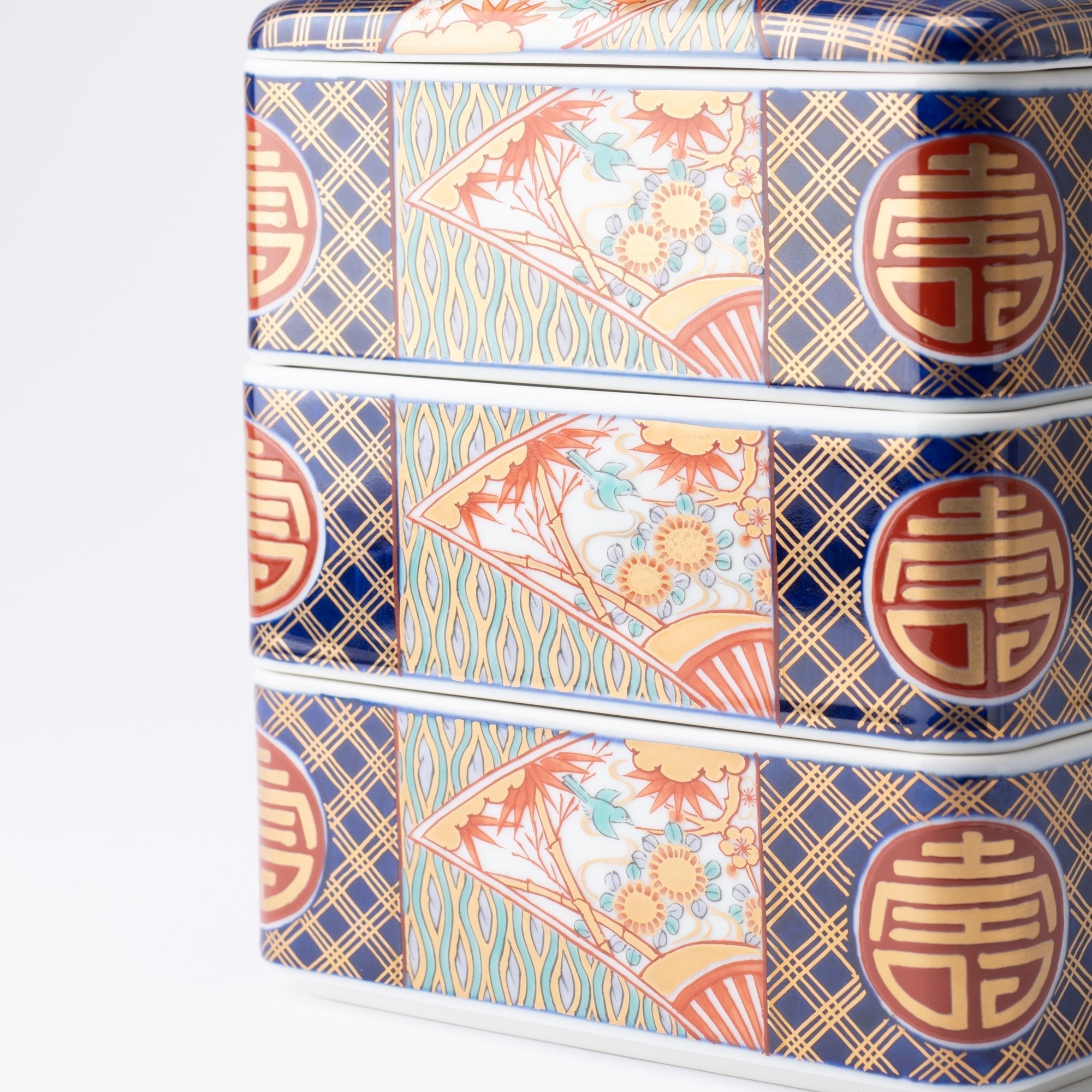 Arita Porcelain Lab Yazaemon Somenishiki "Kotobuki" Pattern Three - tier Food Box - MUSUBI KILN - Quality Japanese Tableware and Gift