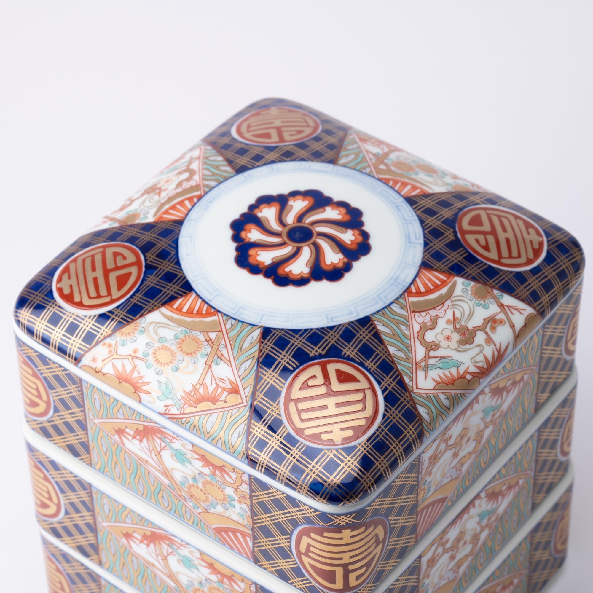 Arita Porcelain Lab Yazaemon Somenishiki "Kotobuki" Pattern Three - tier Food Box - MUSUBI KILN - Quality Japanese Tableware and Gift