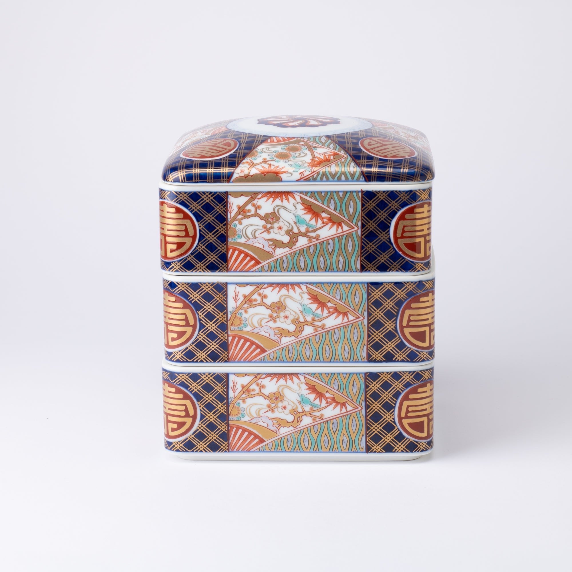 Arita Porcelain Lab Yazaemon Somenishiki "Kotobuki" Pattern Three - tier Food Box - MUSUBI KILN - Quality Japanese Tableware and Gift