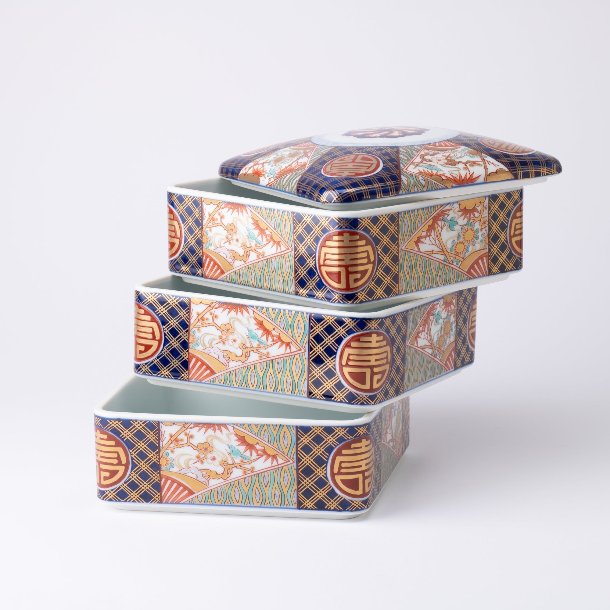 Arita Porcelain Lab Yazaemon Somenishiki "Kotobuki" Pattern Three - tier Food Box - MUSUBI KILN - Quality Japanese Tableware and Gift