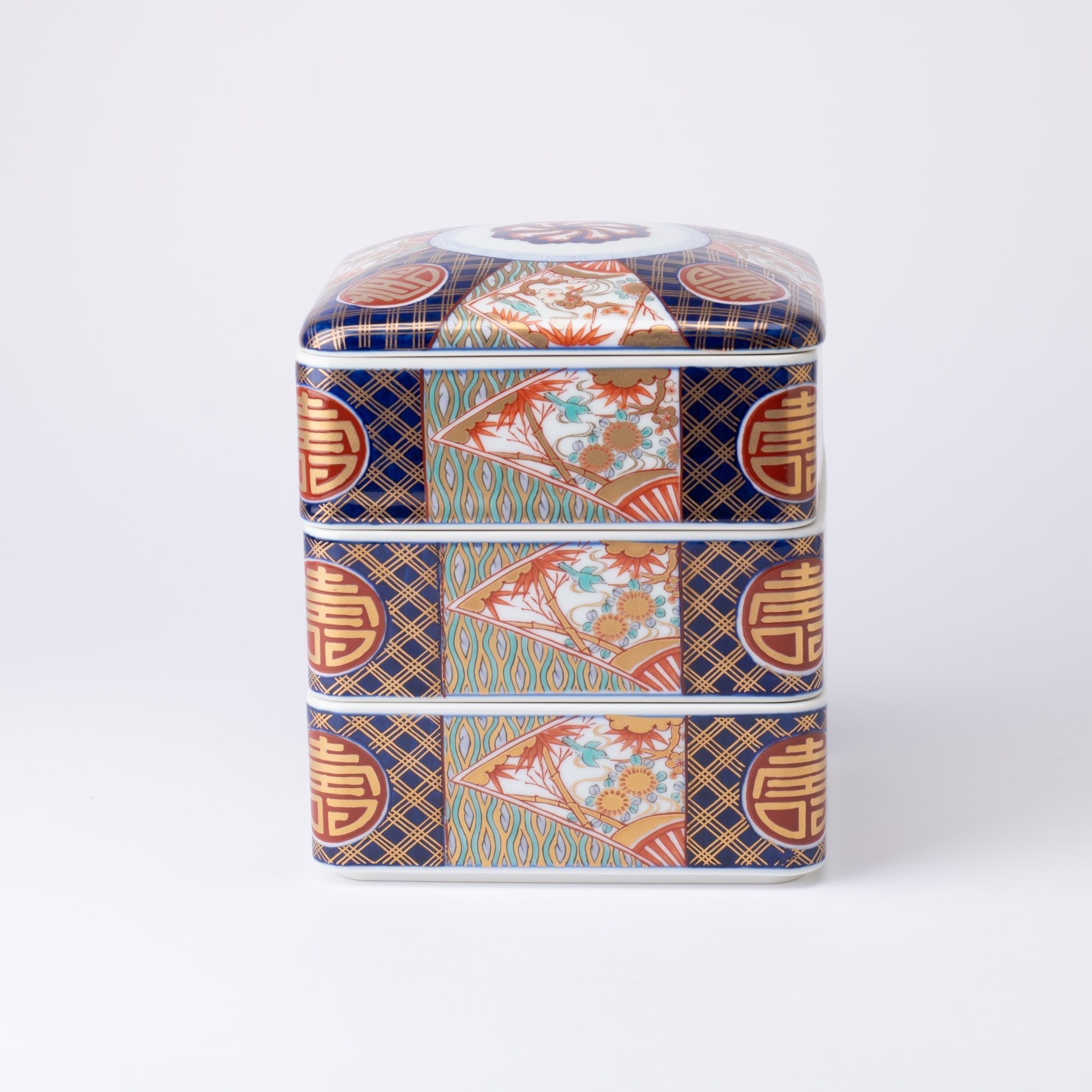 Arita Porcelain Lab Yazaemon Somenishiki "Kotobuki" Pattern Three - tier Food Box - MUSUBI KILN - Quality Japanese Tableware and Gift