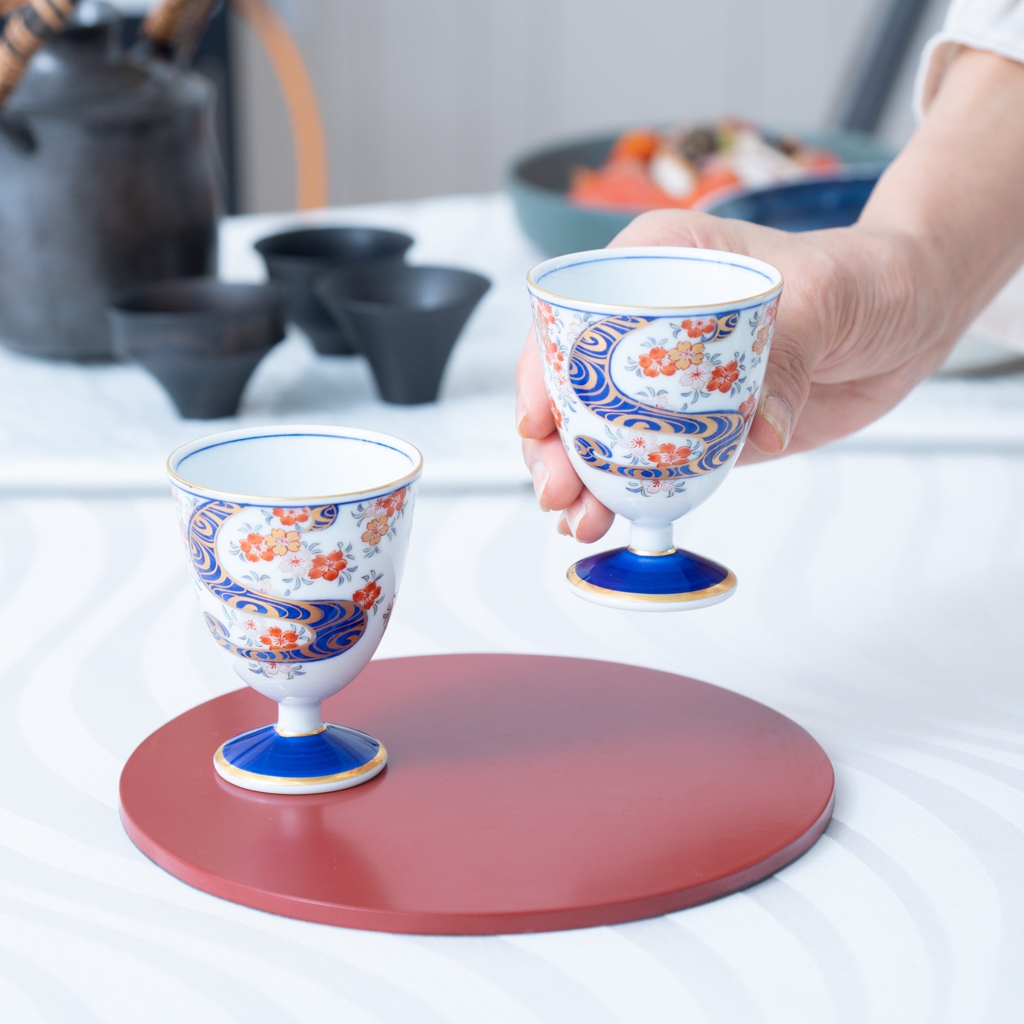 Arita Porcelain Lab Yazaemon Water Stream and Sakura Sake Goblet Cup - MUSUBI KILN - Quality Japanese Tableware and Gift