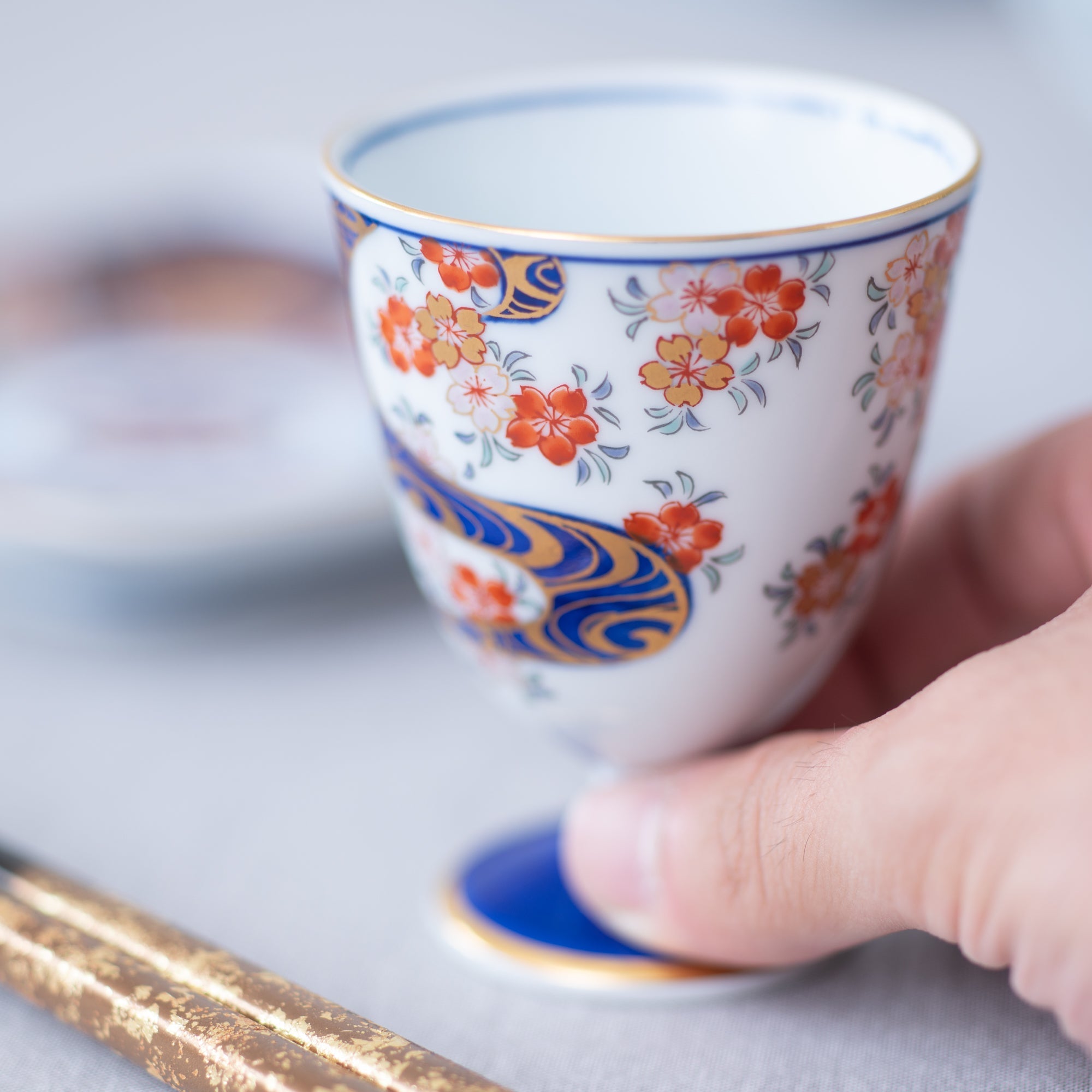 Arita Porcelain Lab Yazaemon Water Stream and Sakura Sake Goblet Cup - MUSUBI KILN - Quality Japanese Tableware and Gift