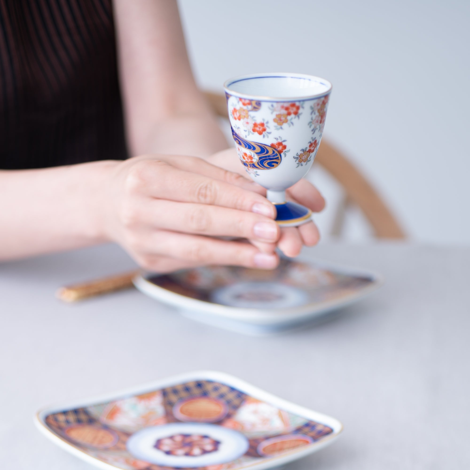 Arita Porcelain Lab Yazaemon Water Stream and Sakura Sake Goblet Cup - MUSUBI KILN - Quality Japanese Tableware and Gift