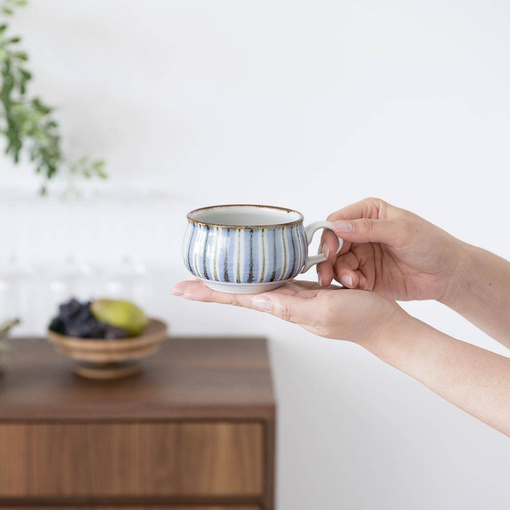 Baizan Kiln Blue Stripe Tobe Soup Cup - MUSUBI KILN - Quality Japanese Tableware and Gift