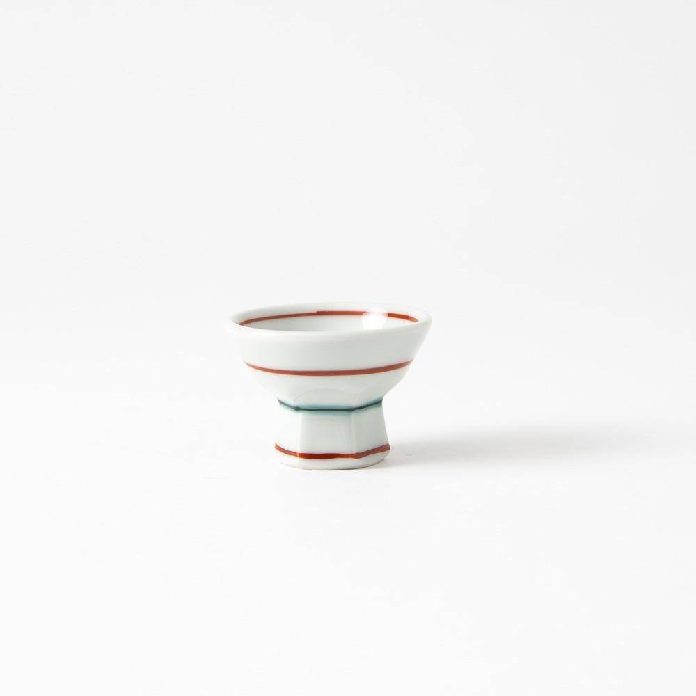 Baizan Kiln Red and Green Stripes Tobe Sakazuki Sake Cup - MUSUBI KILN - Quality Japanese Tableware and Gift