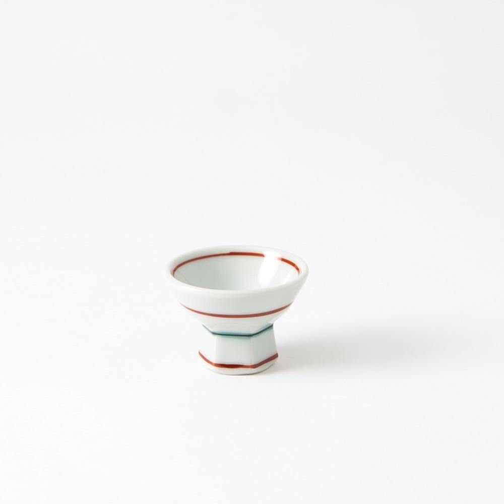 Baizan Kiln Red and Green Stripes Tobe Sakazuki Sake Cup - MUSUBI KILN - Quality Japanese Tableware and Gift