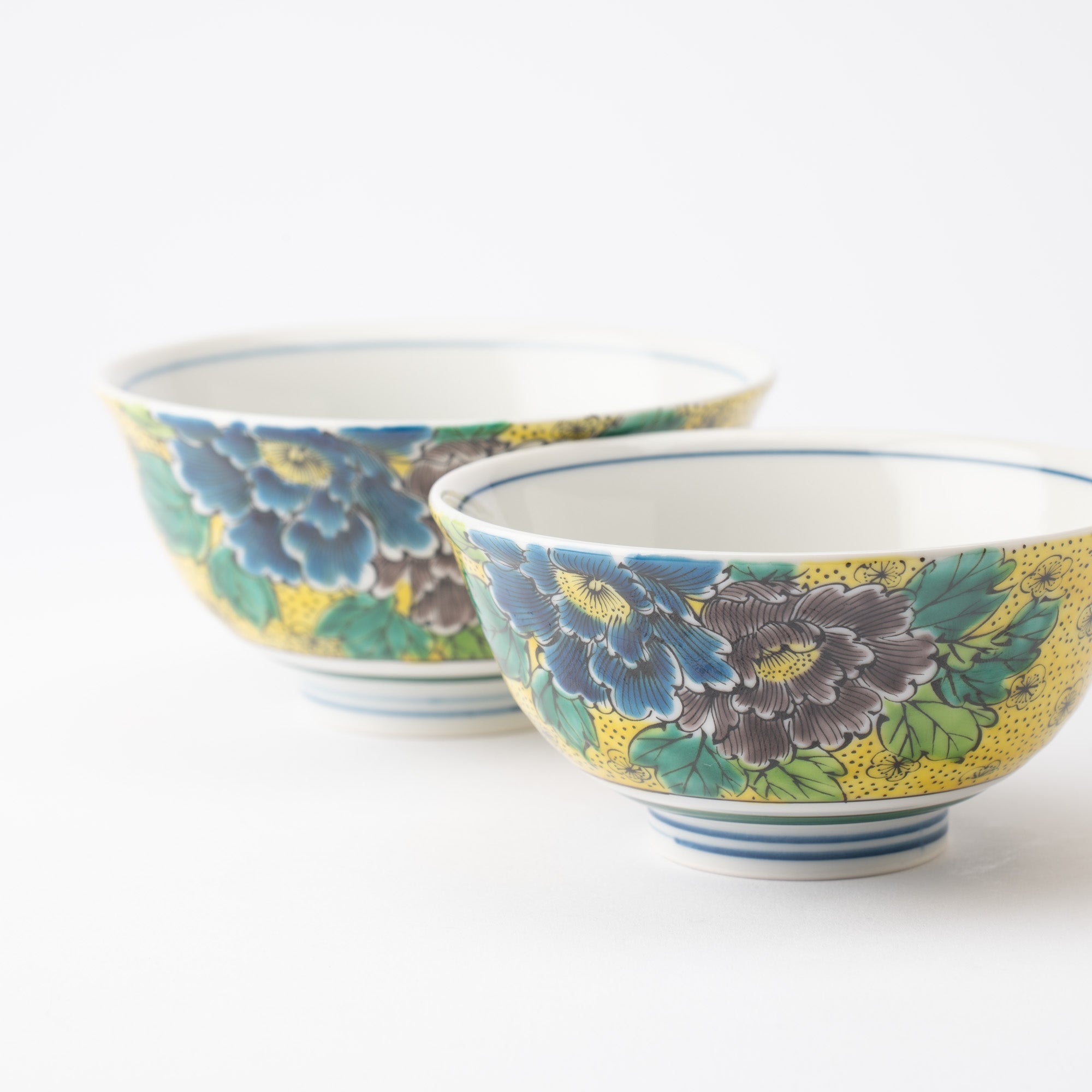 Bizan Kiln Yoshidaya Peony Kutani Rice Bowl Pair - MUSUBI KILN - Quality Japanese Tableware and Gift