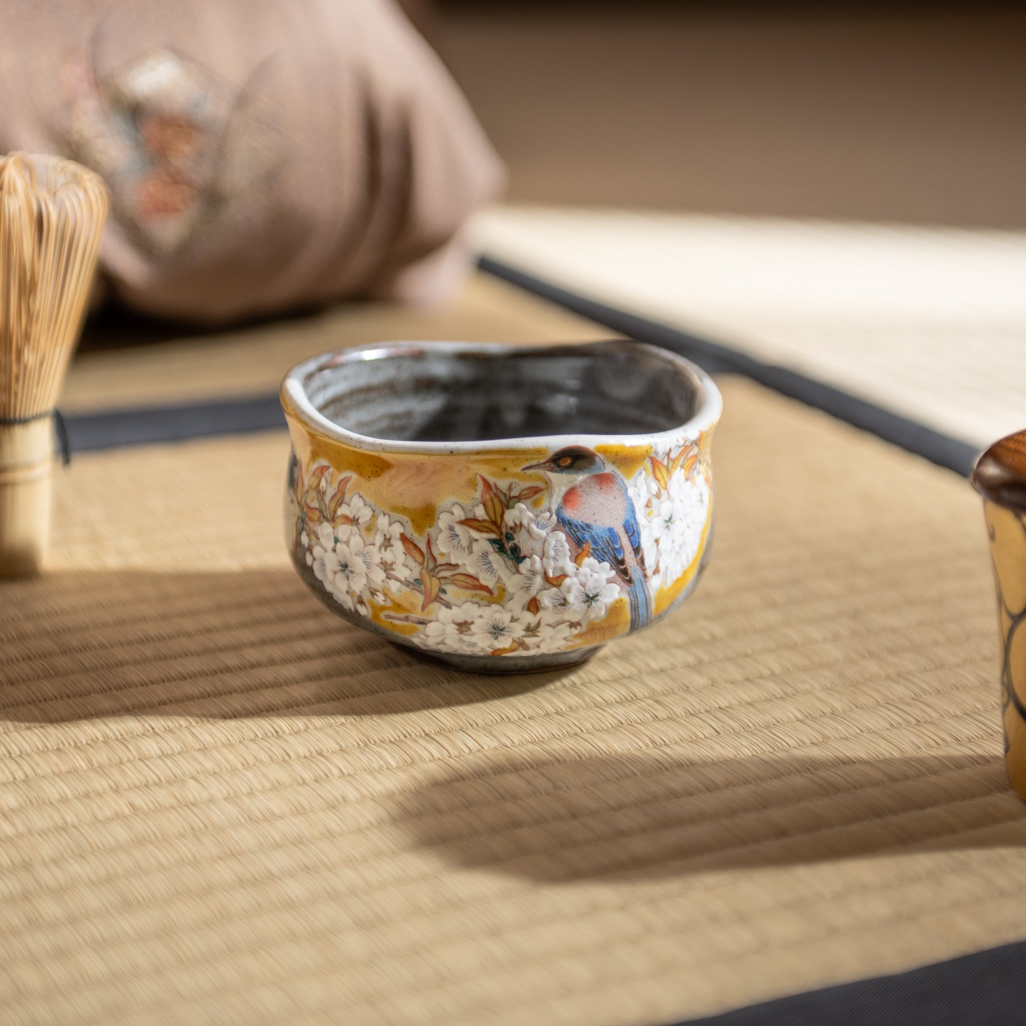 Bizan Kiln Yoshidaya Sakura and Bird Kutani Matcha Bowl Chawan - MUSUBI KILN - Quality Japanese Tableware and Gift