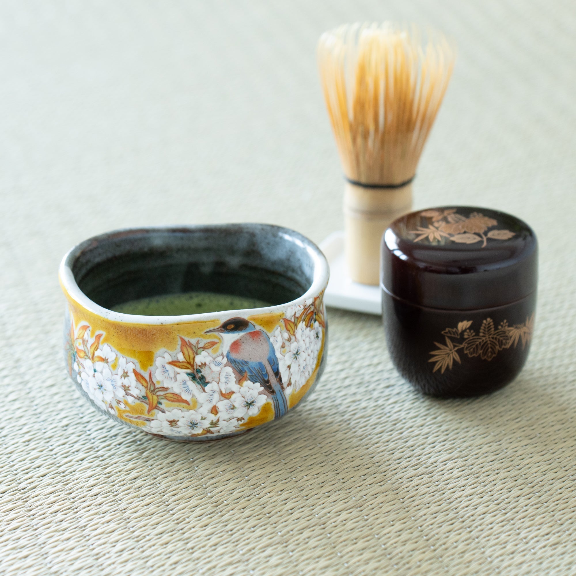 Bizan Kiln Yoshidaya Sakura and Bird Kutani Matcha Bowl Chawan - MUSUBI KILN - Quality Japanese Tableware and Gift