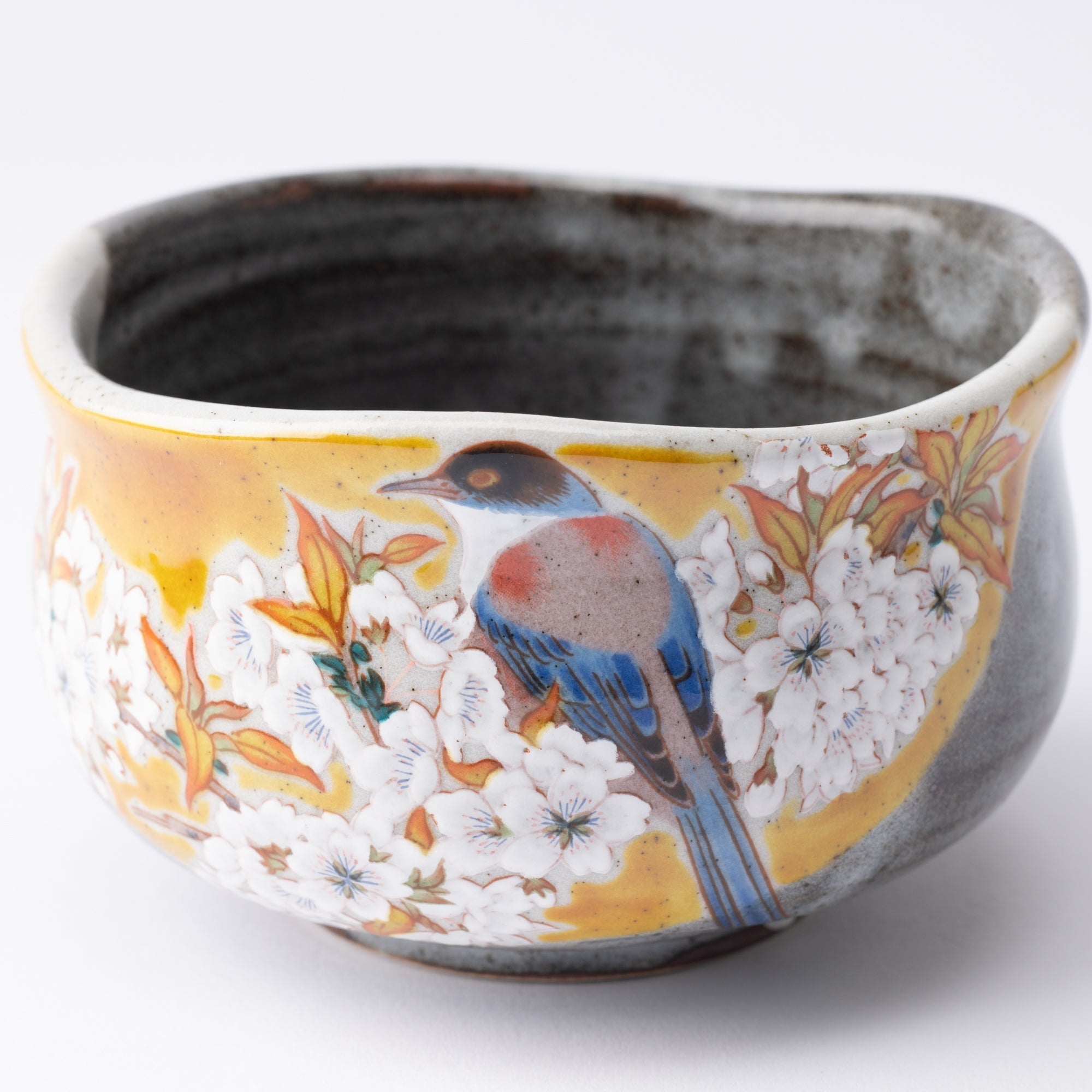 Bizan Kiln Yoshidaya Sakura and Bird Kutani Matcha Bowl Chawan - MUSUBI KILN - Quality Japanese Tableware and Gift