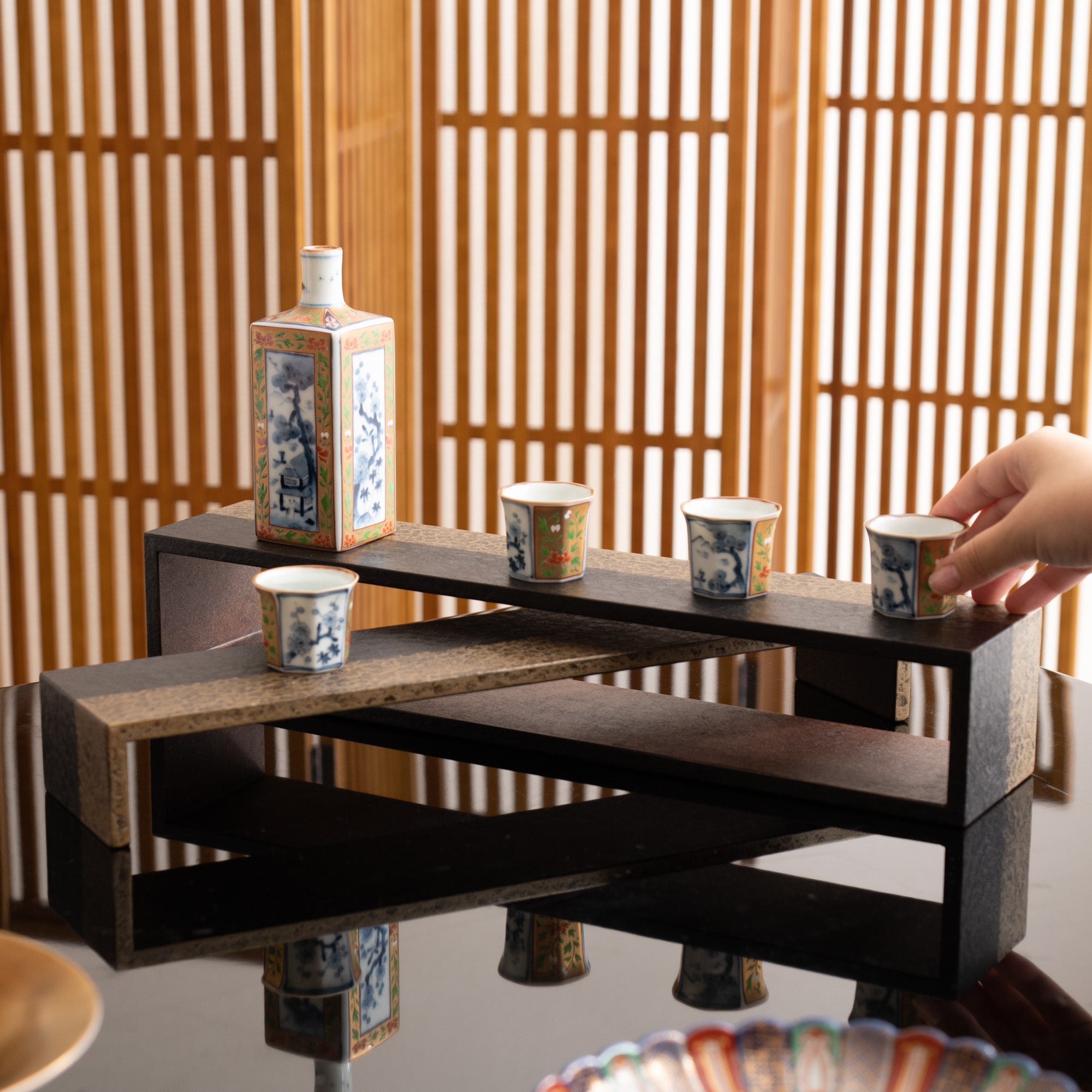 Black and Gold Washi Echizen Lacquerware Serving Tray Set - MUSUBI KILN - Quality Japanese Tableware and Gift