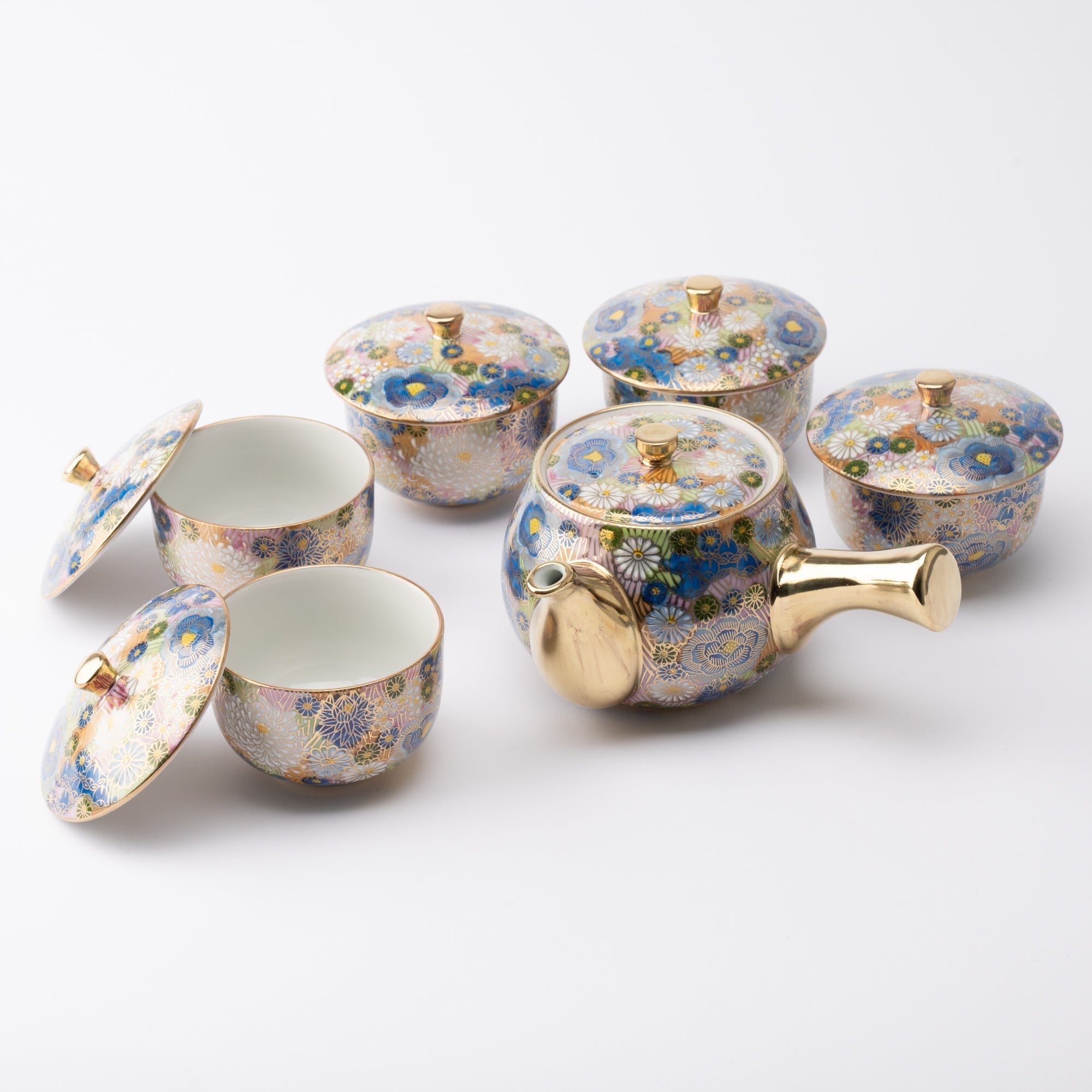 Blue Hanazume Kutani Japanese Teapot Set - MUSUBI KILN - Quality Japanese Tableware and Gift