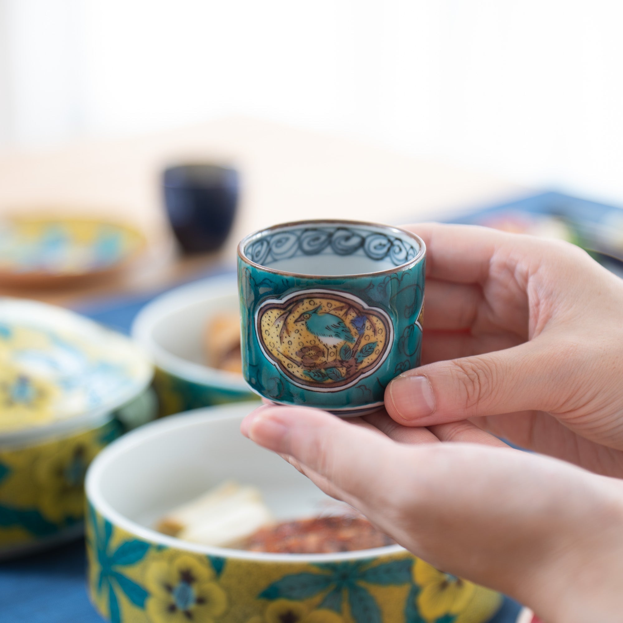 Blue Ko - Kutani Bird and Branch Kutani Guinomi Sake Cup - MUSUBI KILN - Quality Japanese Tableware and Gift