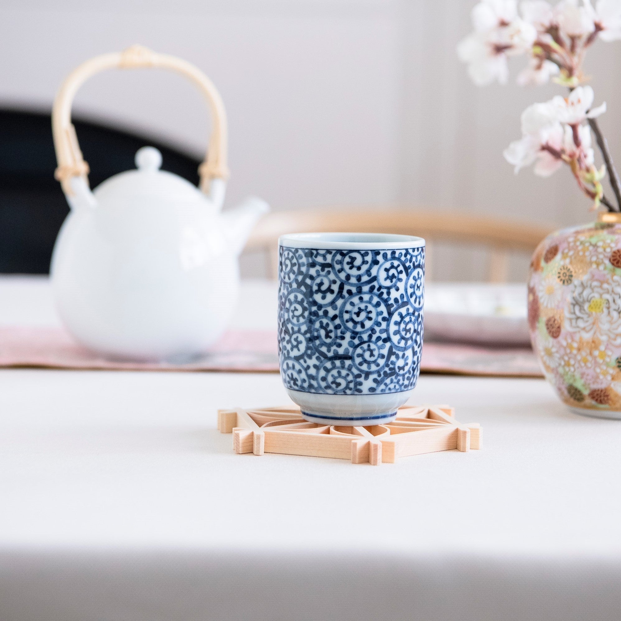 Blue Porcelain Arabesque Mino Ware Yunomi Japanese Teacup - MUSUBI KILN - Quality Japanese Tableware and Gift