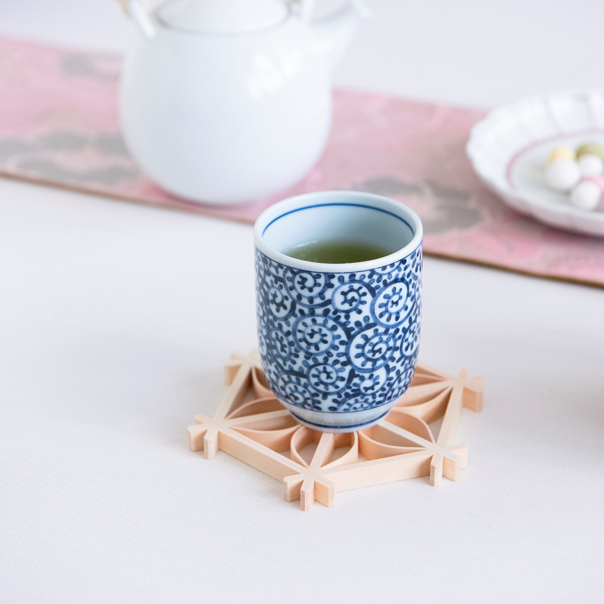 Blue Porcelain Arabesque Mino Ware Yunomi Japanese Teacup - MUSUBI KILN - Quality Japanese Tableware and Gift