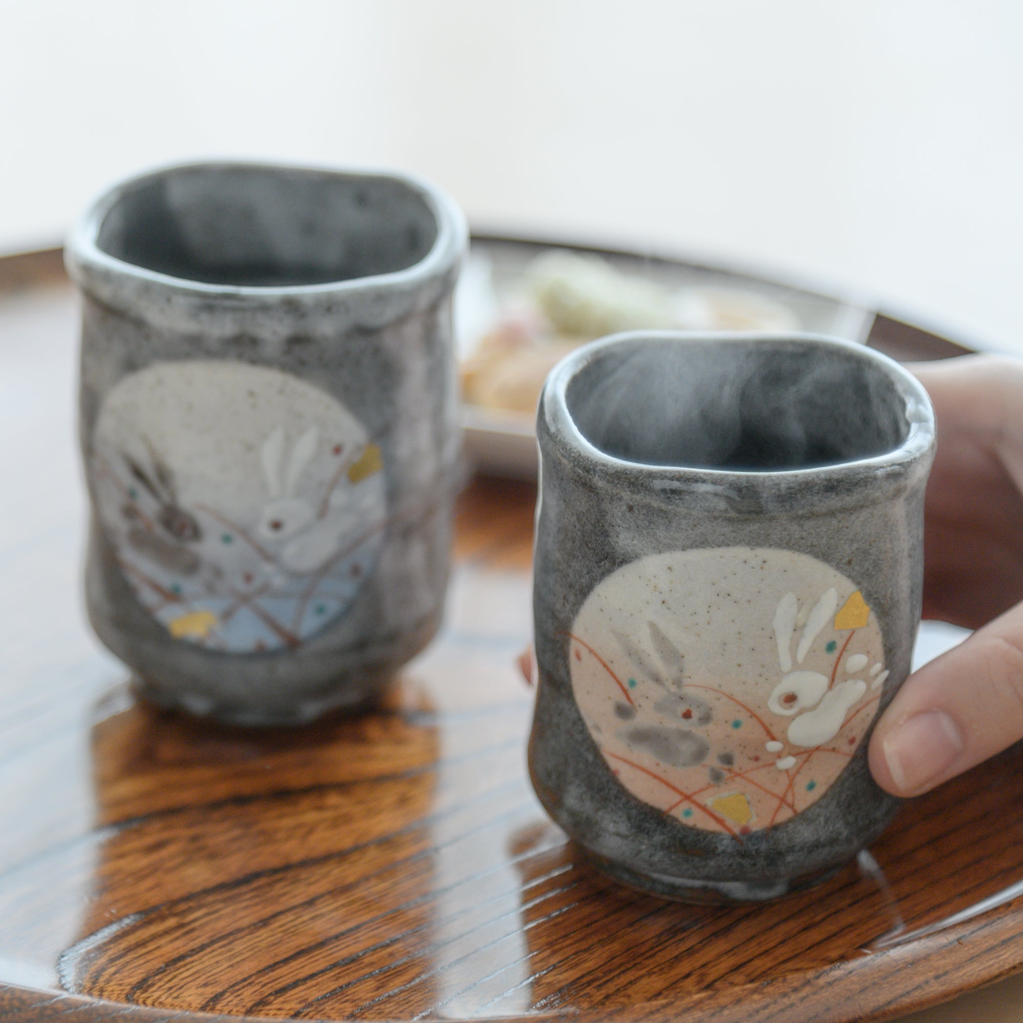 Bouncing Rabbit Kutani Yunomi Japanese Teacup Pair - MUSUBI KILN - Quality Japanese Tableware and Gift