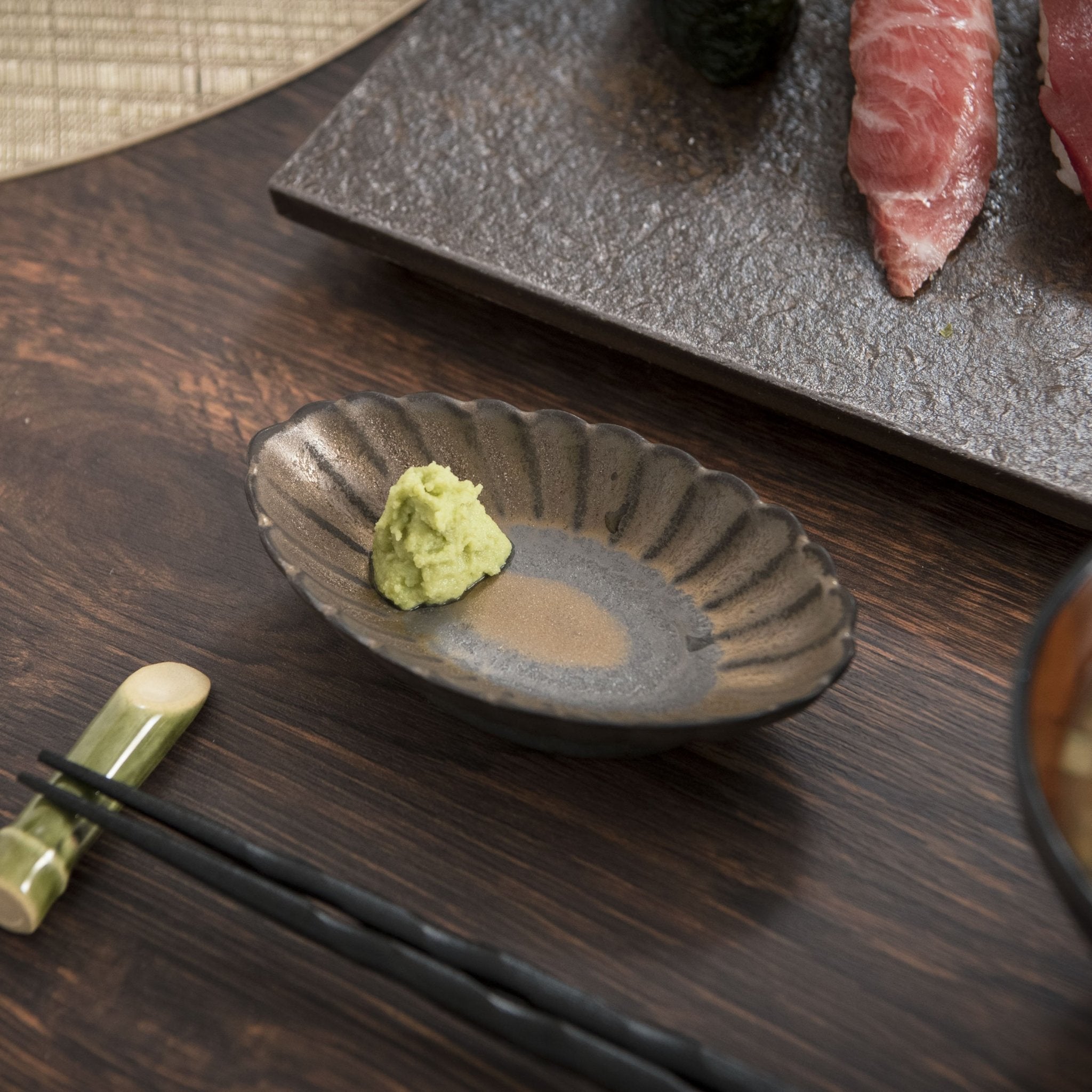 Bronze Chrysanthemum Hasami Oval Sauce Plate - MUSUBI KILN - Quality Japanese Tableware and Gift