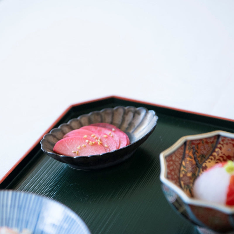 Bronze Chrysanthemum Hasami Oval Sauce Plate - MUSUBI KILN - Quality Japanese Tableware and Gift