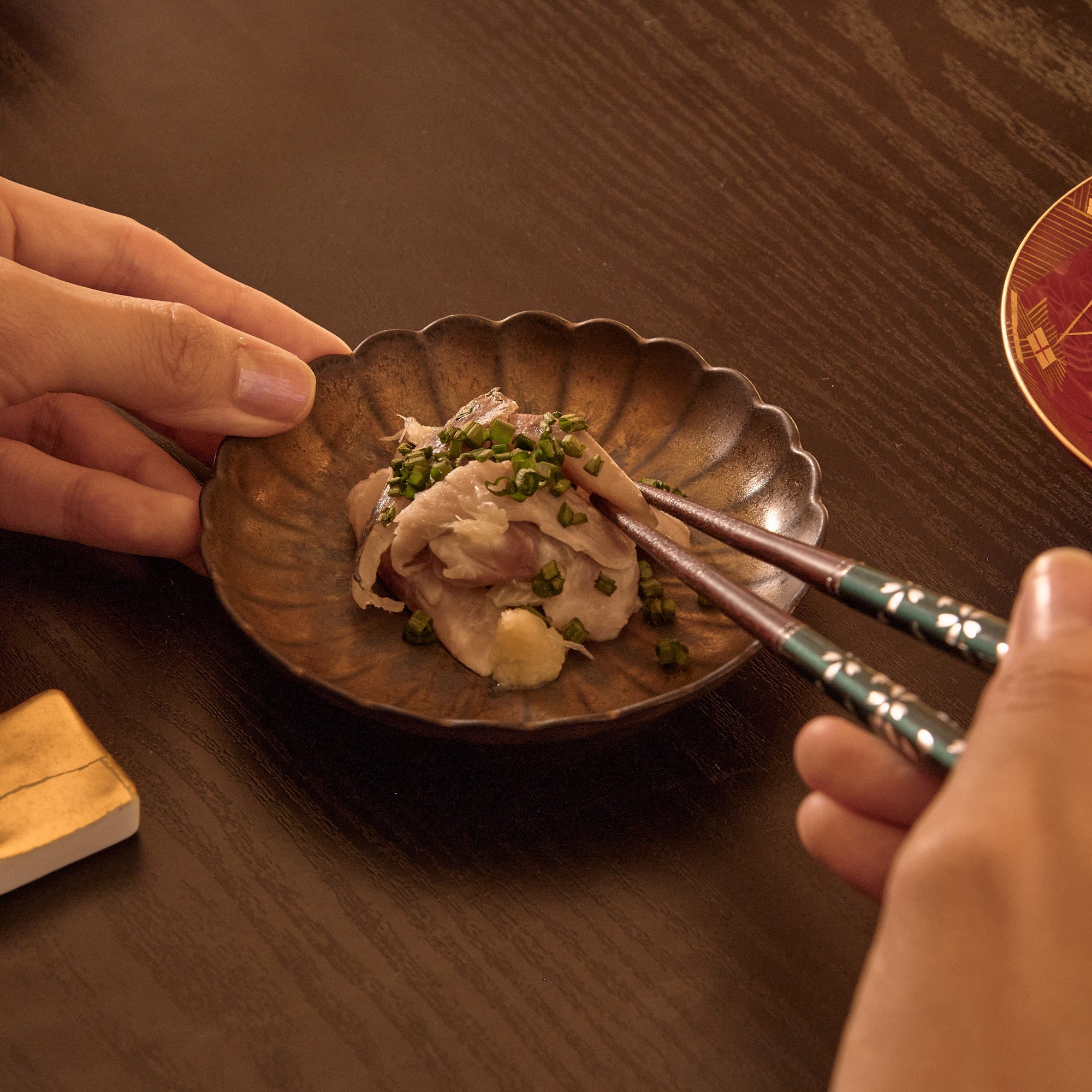 Bronze Chrysanthemum Hasami Sauce Plate - MUSUBI KILN - Quality Japanese Tableware and Gift