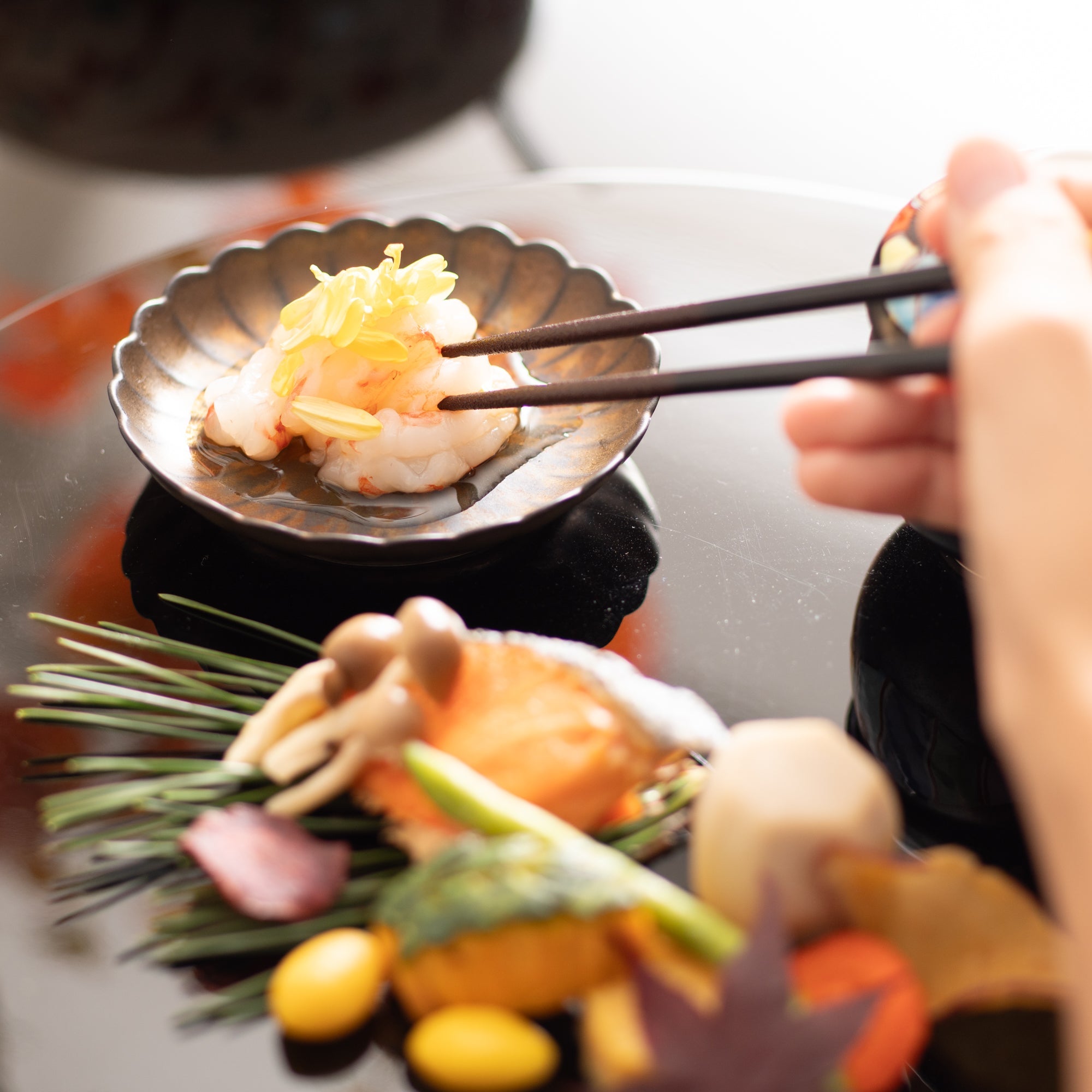 Bronze Chrysanthemum Hasami Sauce Plate - MUSUBI KILN - Quality Japanese Tableware and Gift