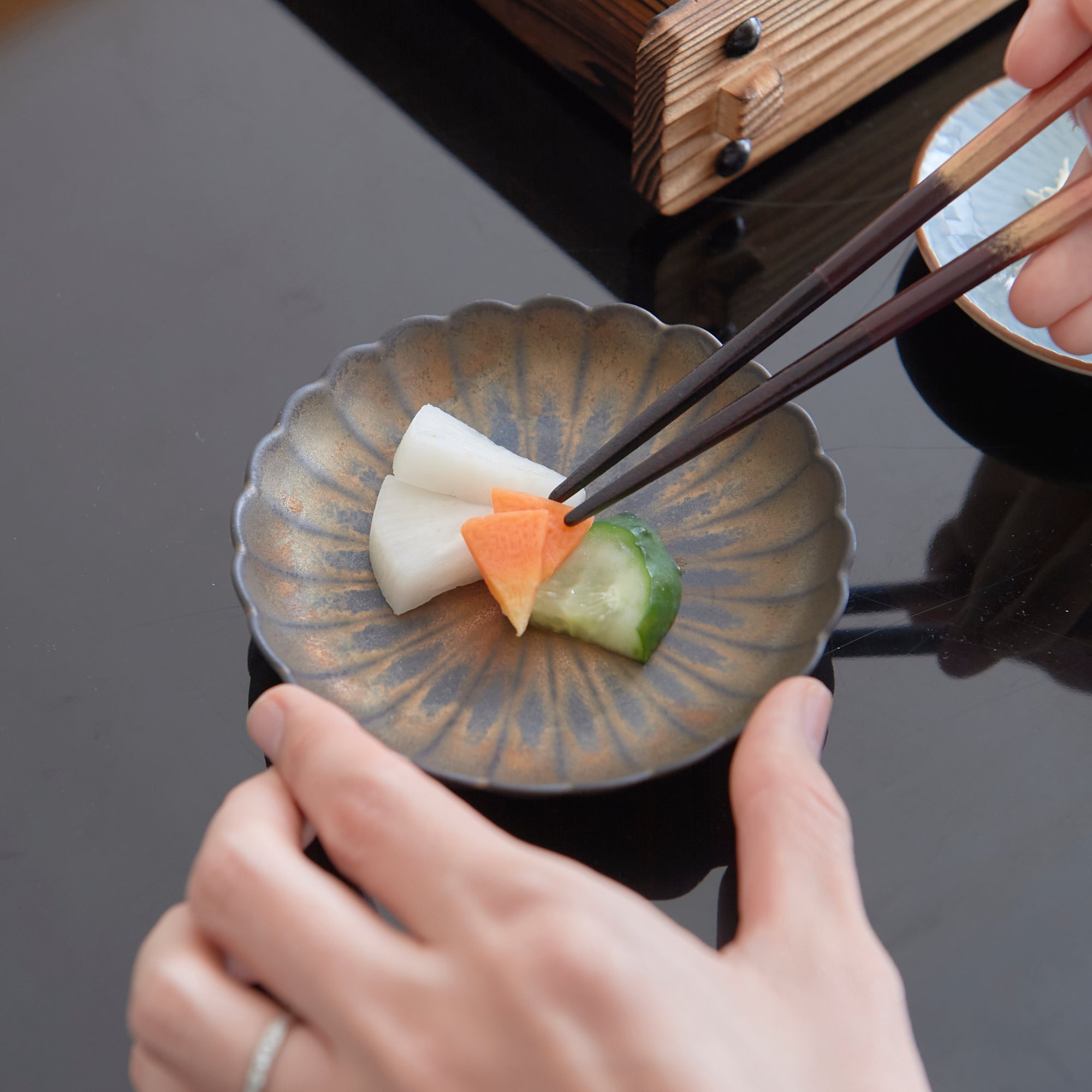 Bronze Chrysanthemum Hasami Sauce Plate - MUSUBI KILN - Quality Japanese Tableware and Gift