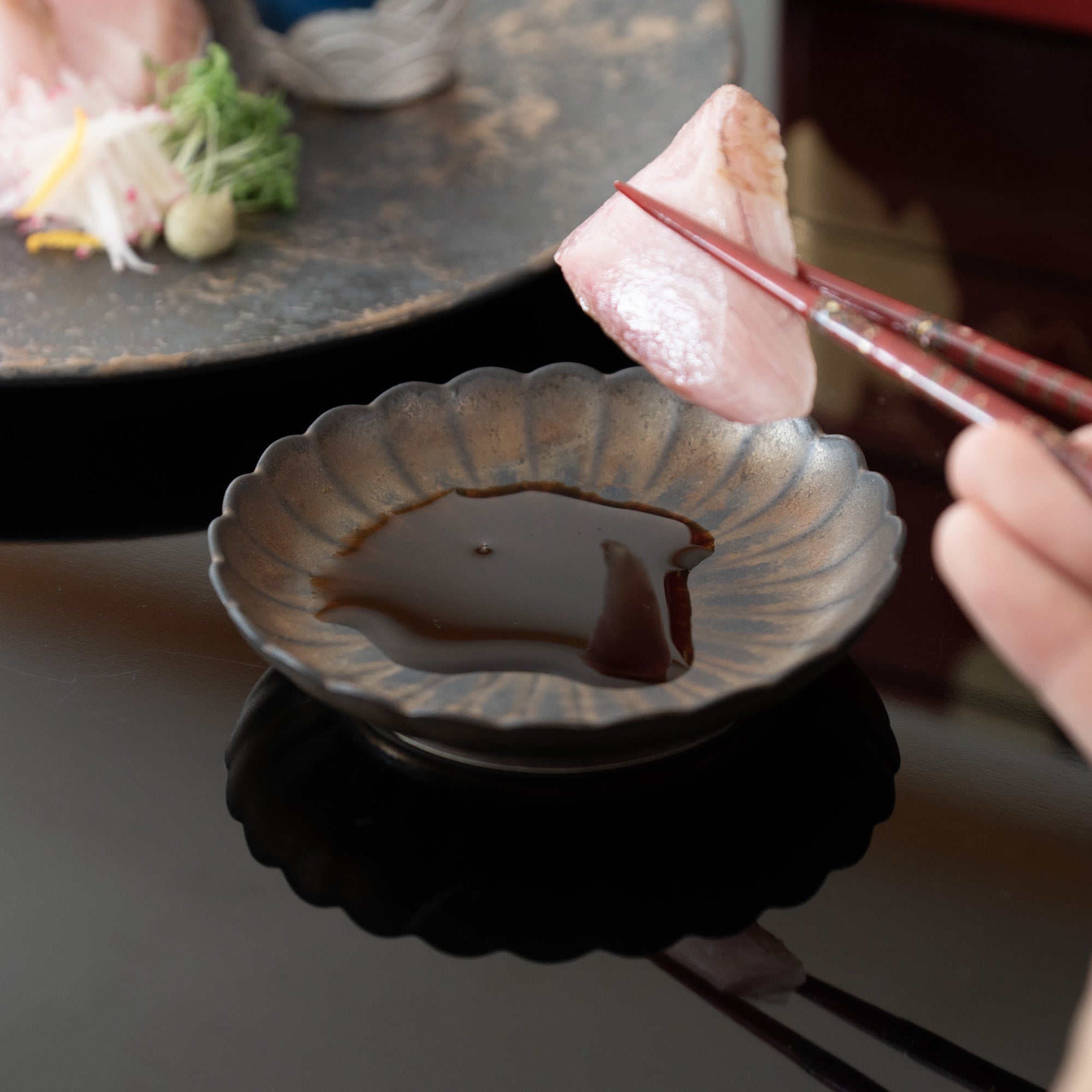 Bronze Chrysanthemum Hasami Sauce Plate - MUSUBI KILN - Quality Japanese Tableware and Gift