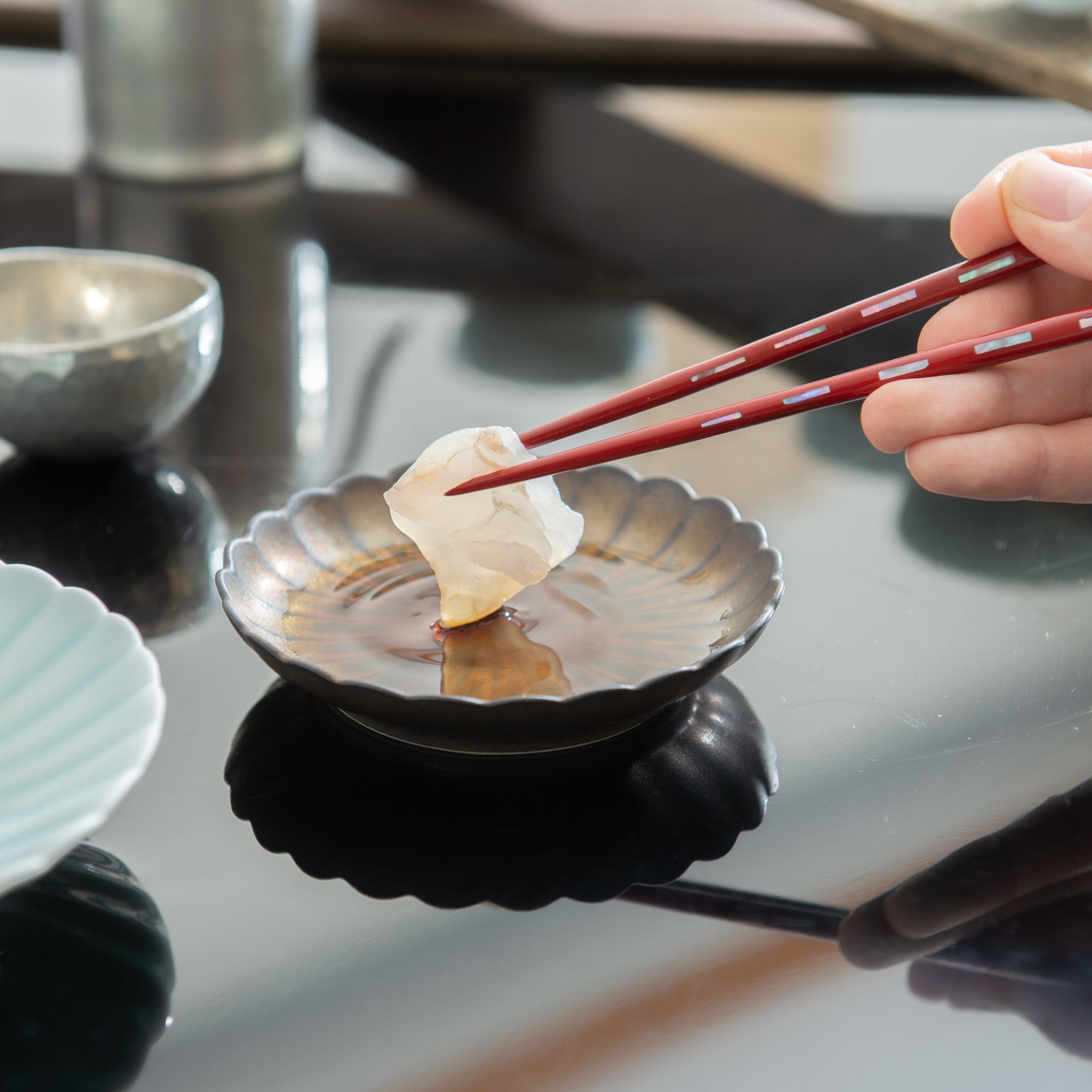 Bronze Chrysanthemum Hasami Sauce Plate - MUSUBI KILN - Quality Japanese Tableware and Gift