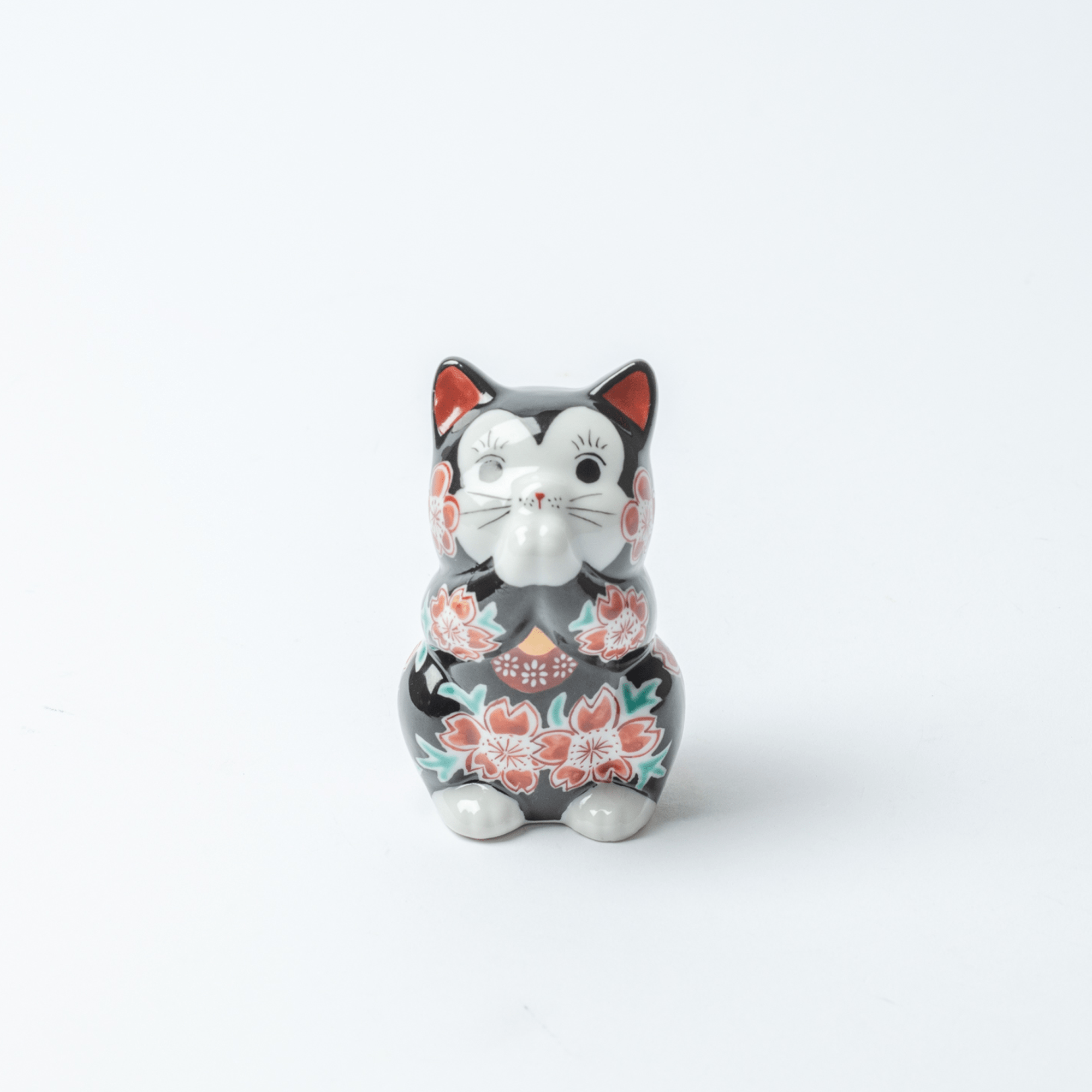 Choho Kiln Black Sakura Oinori Neko Kutani Lucky Cat 3.7in - MUSUBI KILN - Quality Japanese Tableware and Gift