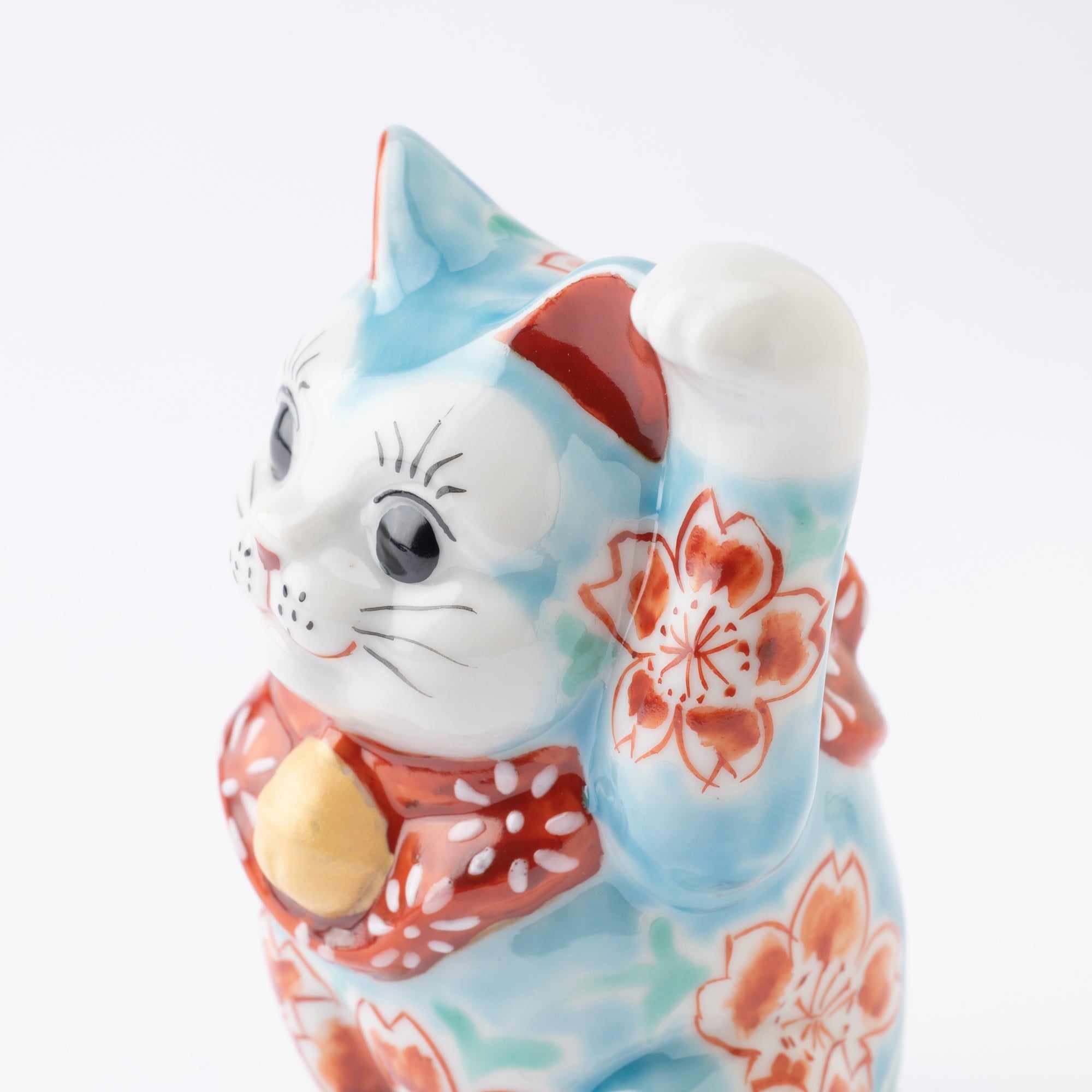 Choho Kiln Light Blue Sakura Kutani Lucky Cat - MUSUBI KILN - Quality Japanese Tableware and Gift