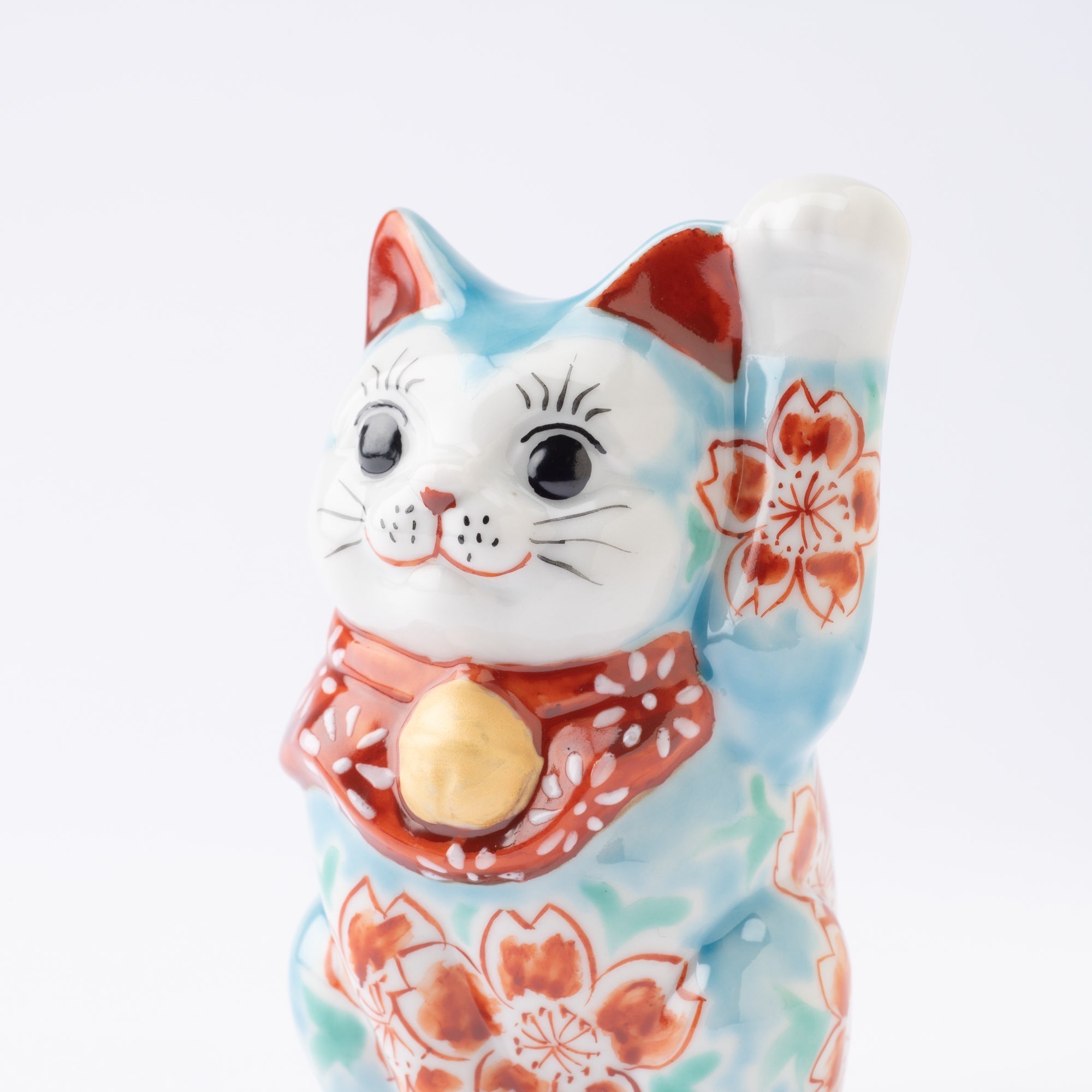 Choho Kiln Light Blue Sakura Kutani Lucky Cat - MUSUBI KILN - Quality Japanese Tableware and Gift