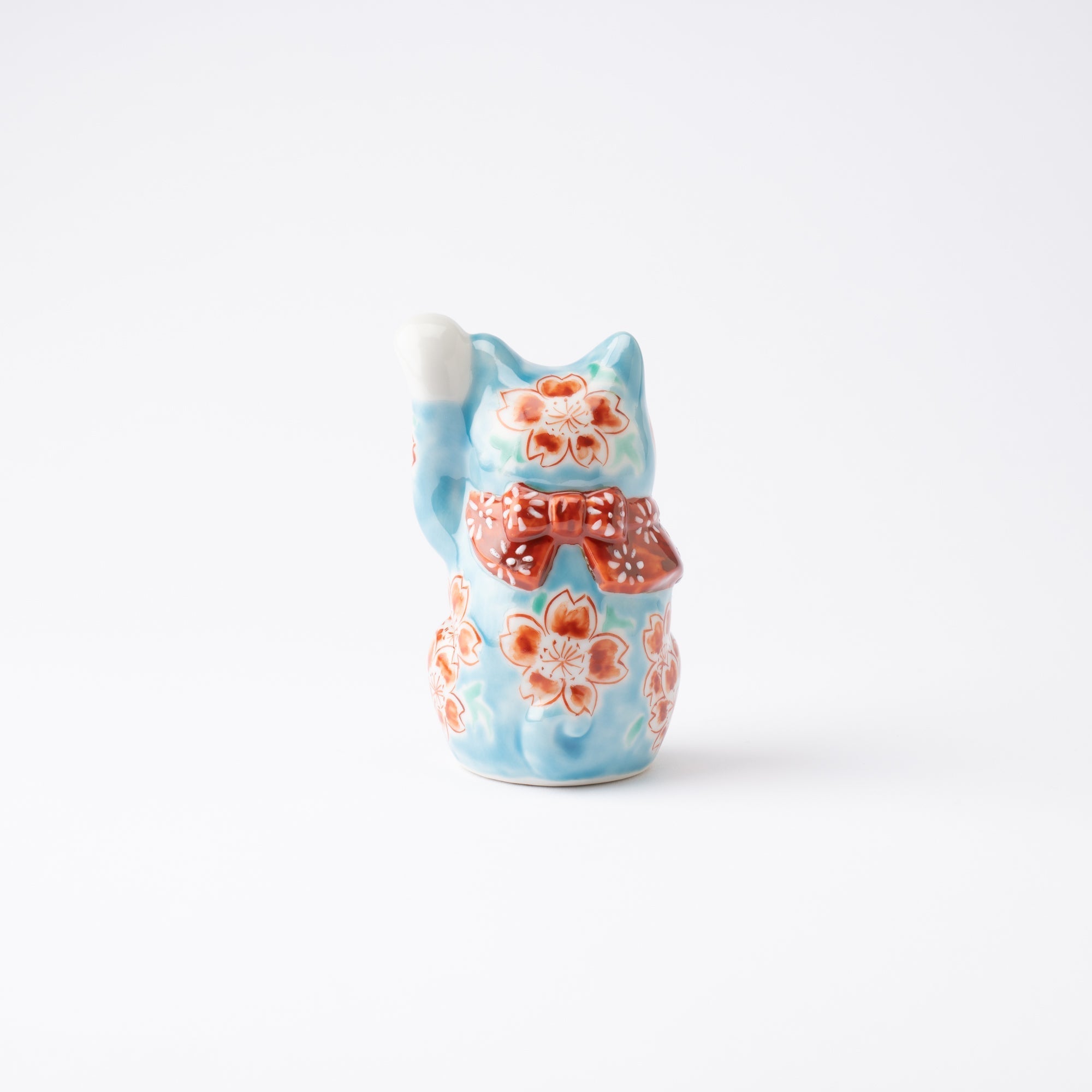 Choho Kiln Light Blue Sakura Kutani Lucky Cat - MUSUBI KILN - Quality Japanese Tableware and Gift