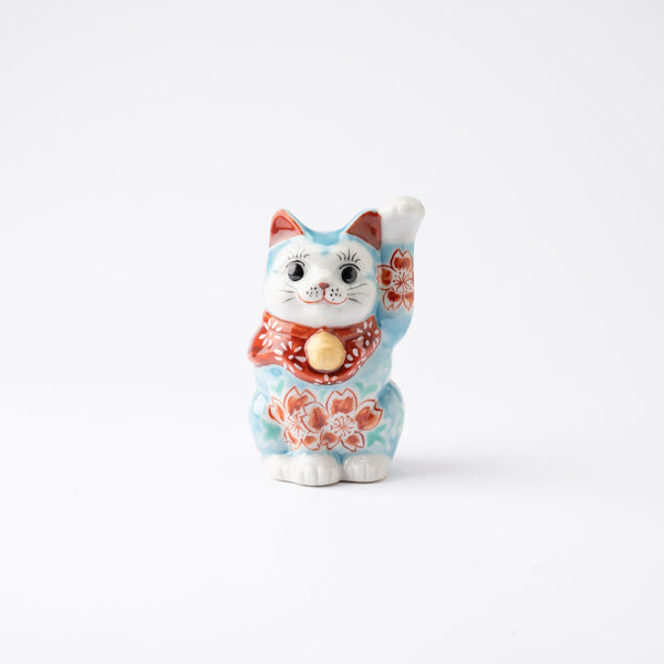 Choho Kiln Light Blue Sakura Kutani Lucky Cat - MUSUBI KILN - Quality Japanese Tableware and Gift