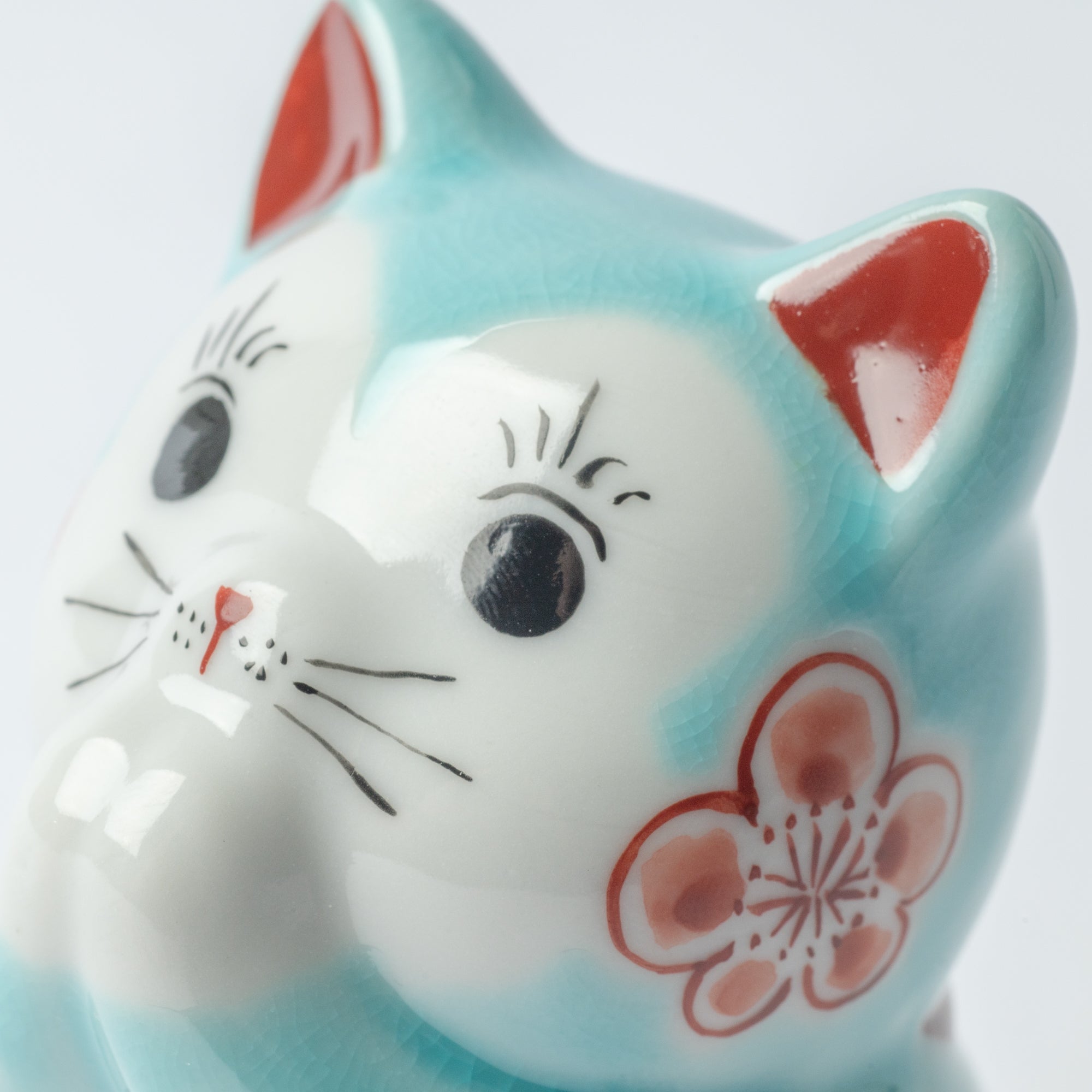 Choho Kiln Light Blue Sakura Oinori Neko Kutani Lucky Cat 3.7in - MUSUBI KILN - Quality Japanese Tableware and Gift