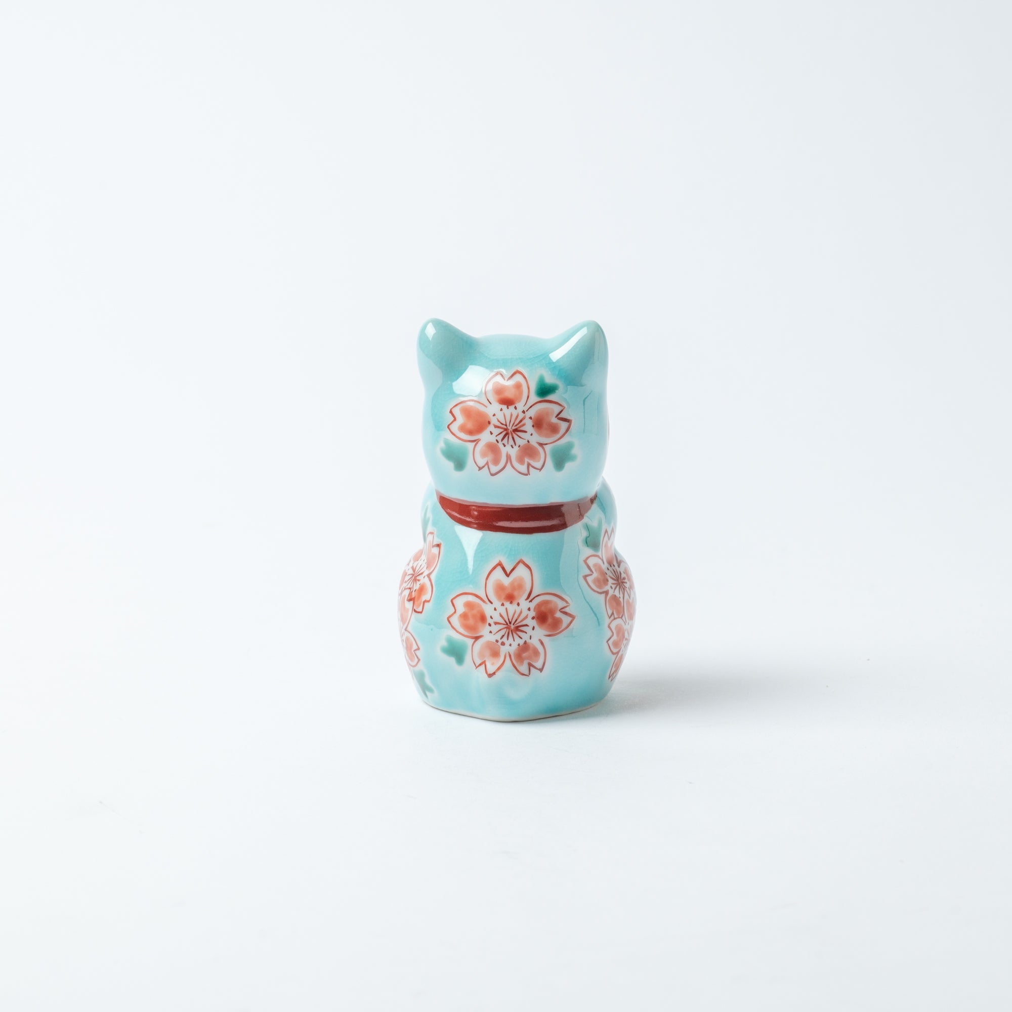 Choho Kiln Light Blue Sakura Oinori Neko Kutani Lucky Cat 3.7in - MUSUBI KILN - Quality Japanese Tableware and Gift