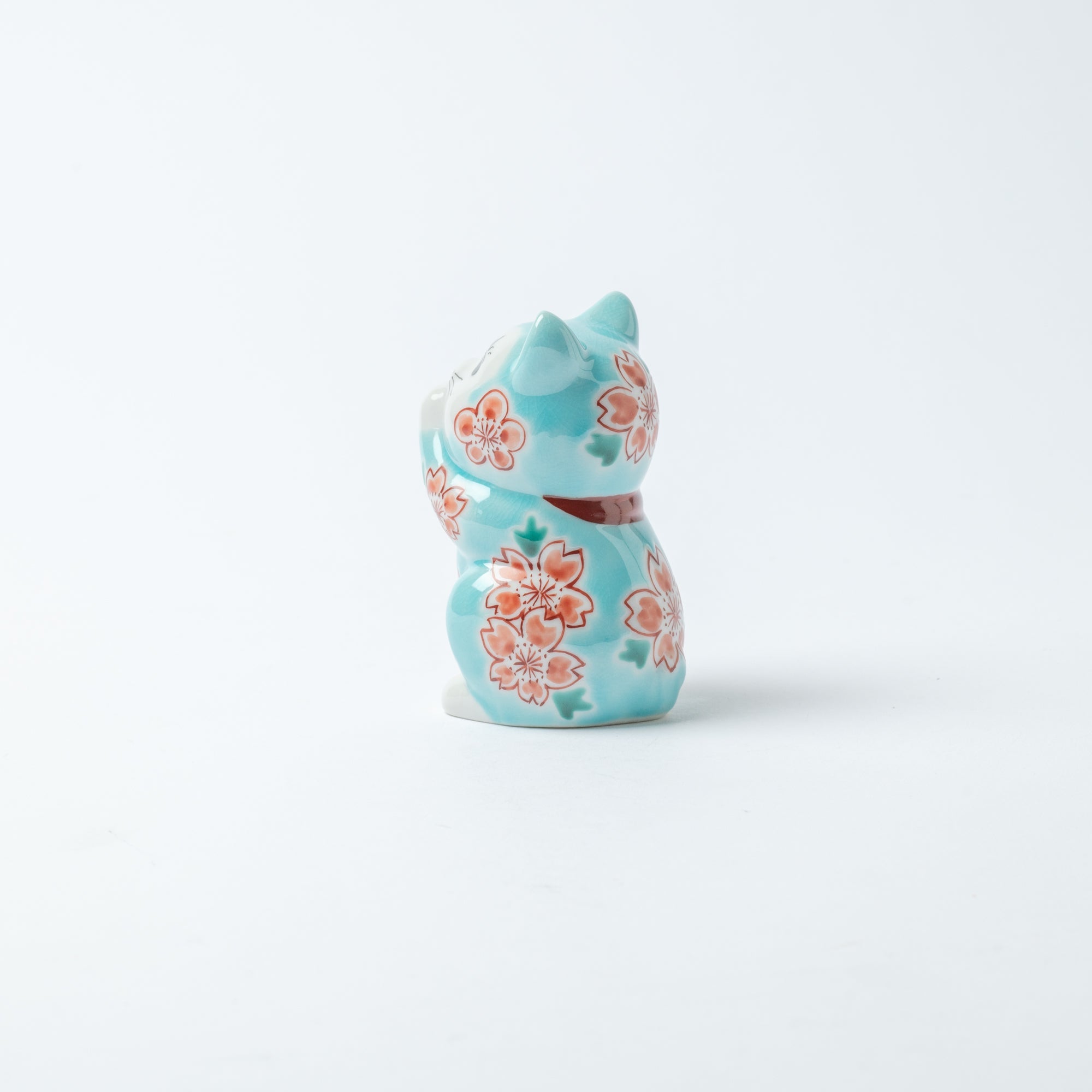 Choho Kiln Light Blue Sakura Oinori Neko Kutani Lucky Cat 3.7in - MUSUBI KILN - Quality Japanese Tableware and Gift