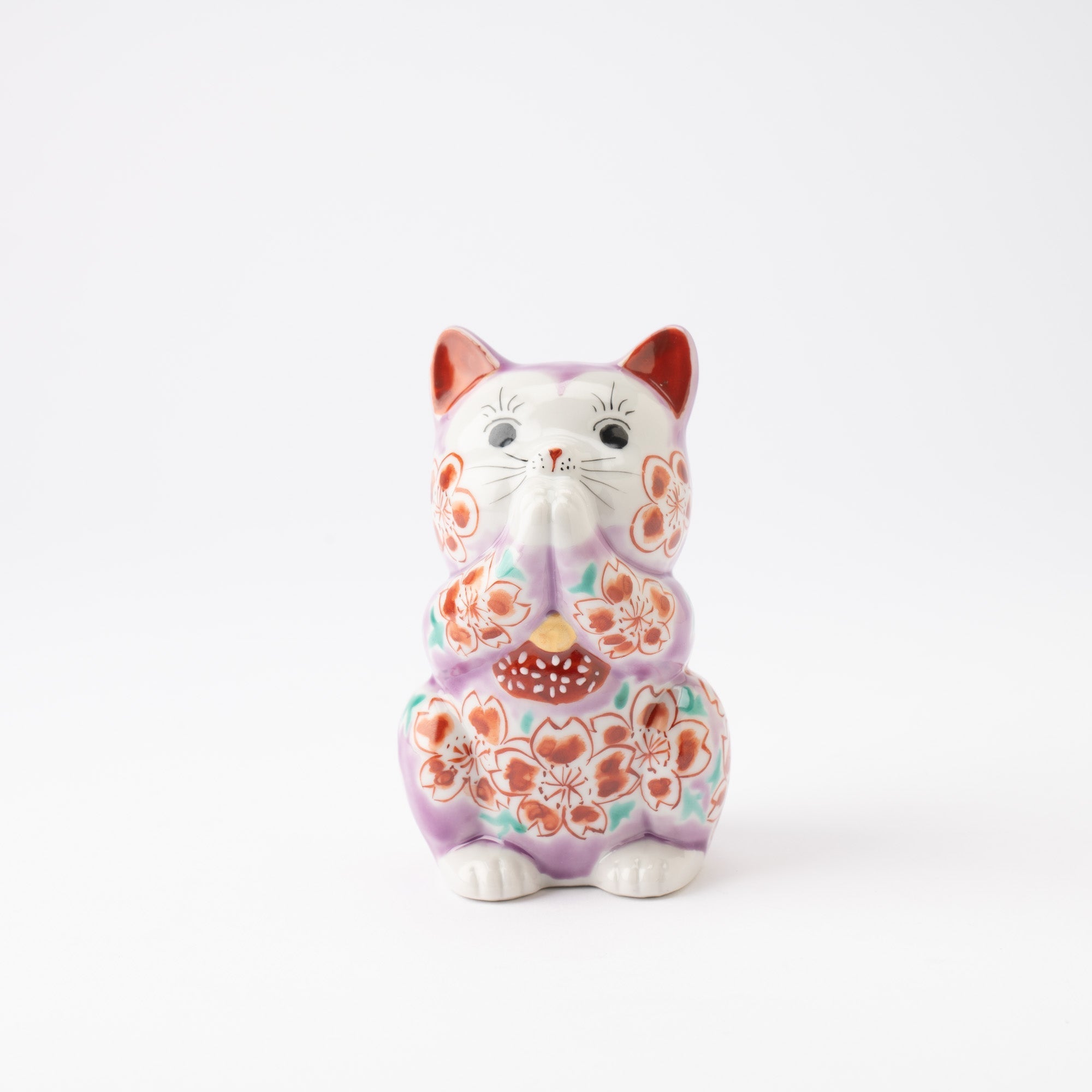 Choho Kiln Purple Sakura Oinori Neko Kutani Lucky Cat - MUSUBI KILN - Quality Japanese Tableware and Gift