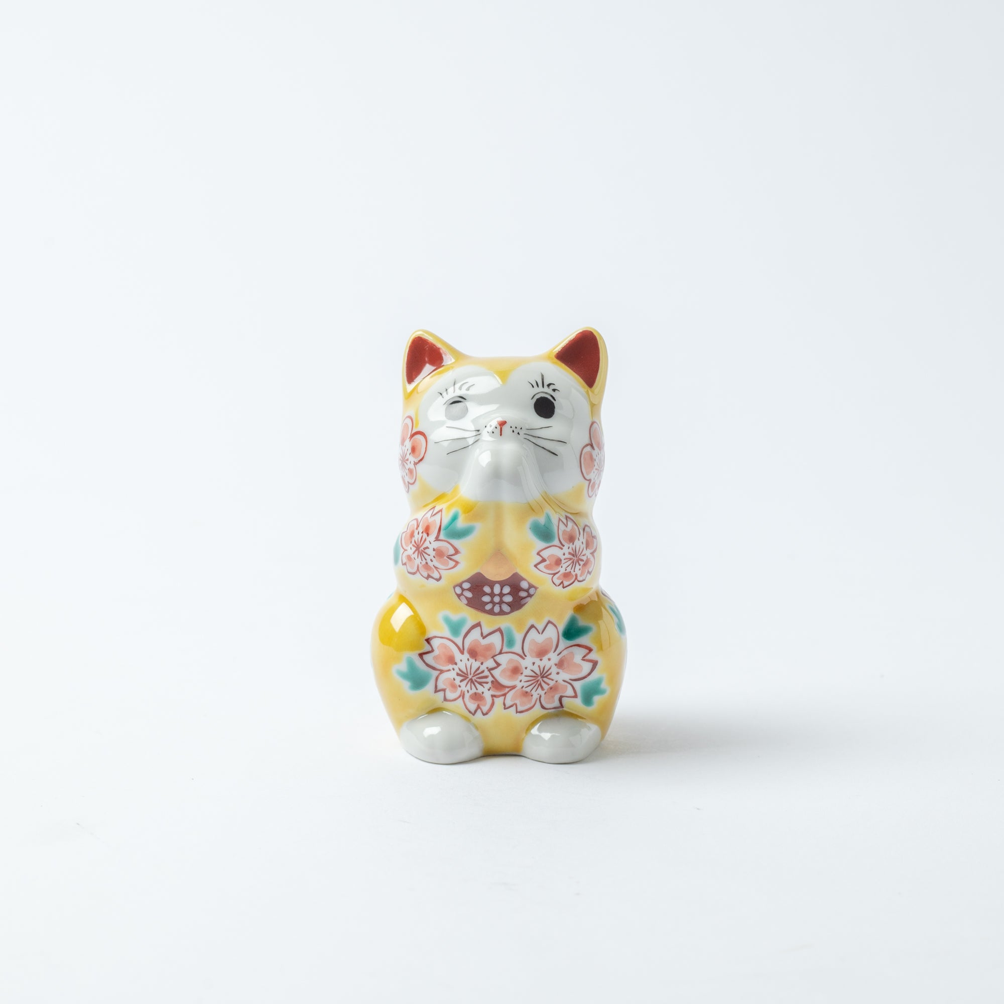 Choho Kiln Yellow Sakura Oinori Neko Kutani Lucky Cat 3.7in - MUSUBI KILN - Quality Japanese Tableware and Gift