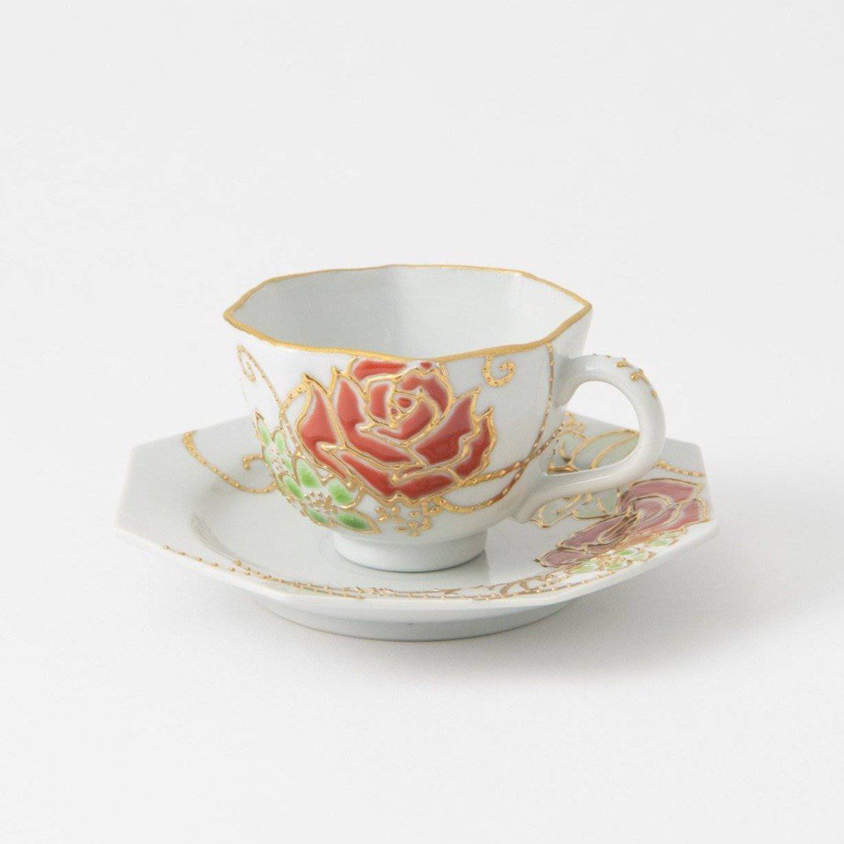 Dekomori Roses Kutani Cup and Saucer - MUSUBI KILN - Quality Japanese Tableware and Gift