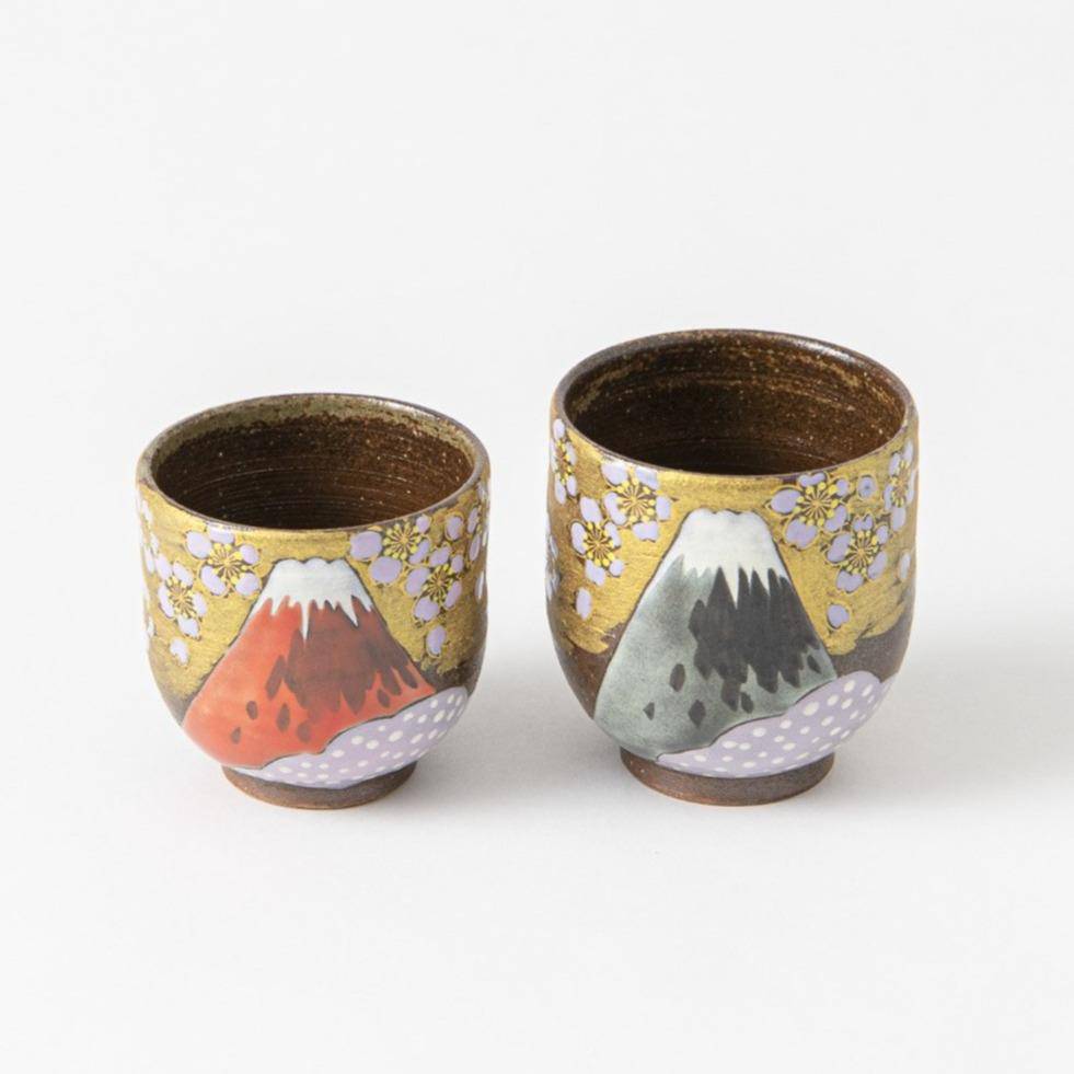 Fuji and Sakura Kutani Yunomi Japanese Teacup Pair - MUSUBI KILN - Quality Japanese Tableware and Gift