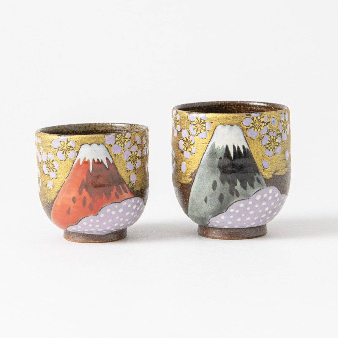 Fuji and Sakura Kutani Yunomi Japanese Teacup Pair - MUSUBI KILN - Quality Japanese Tableware and Gift