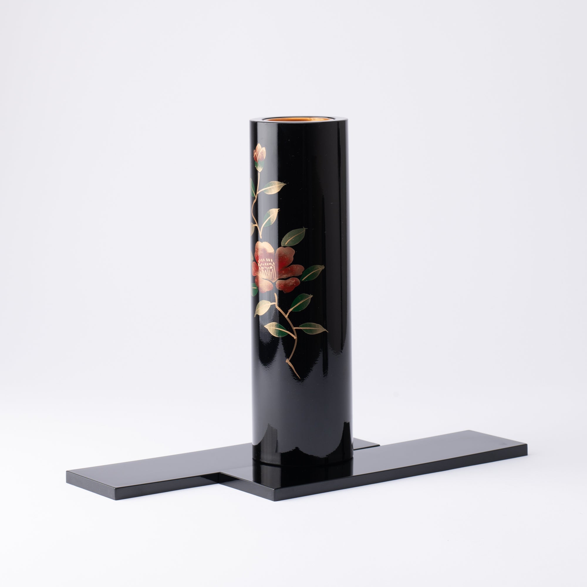 Fukunishi Sobe Camellia Aizu Lacquer Cylindrical Flower Vase with Tray - MUSUBI KILN - Quality Japanese Tableware and Gift