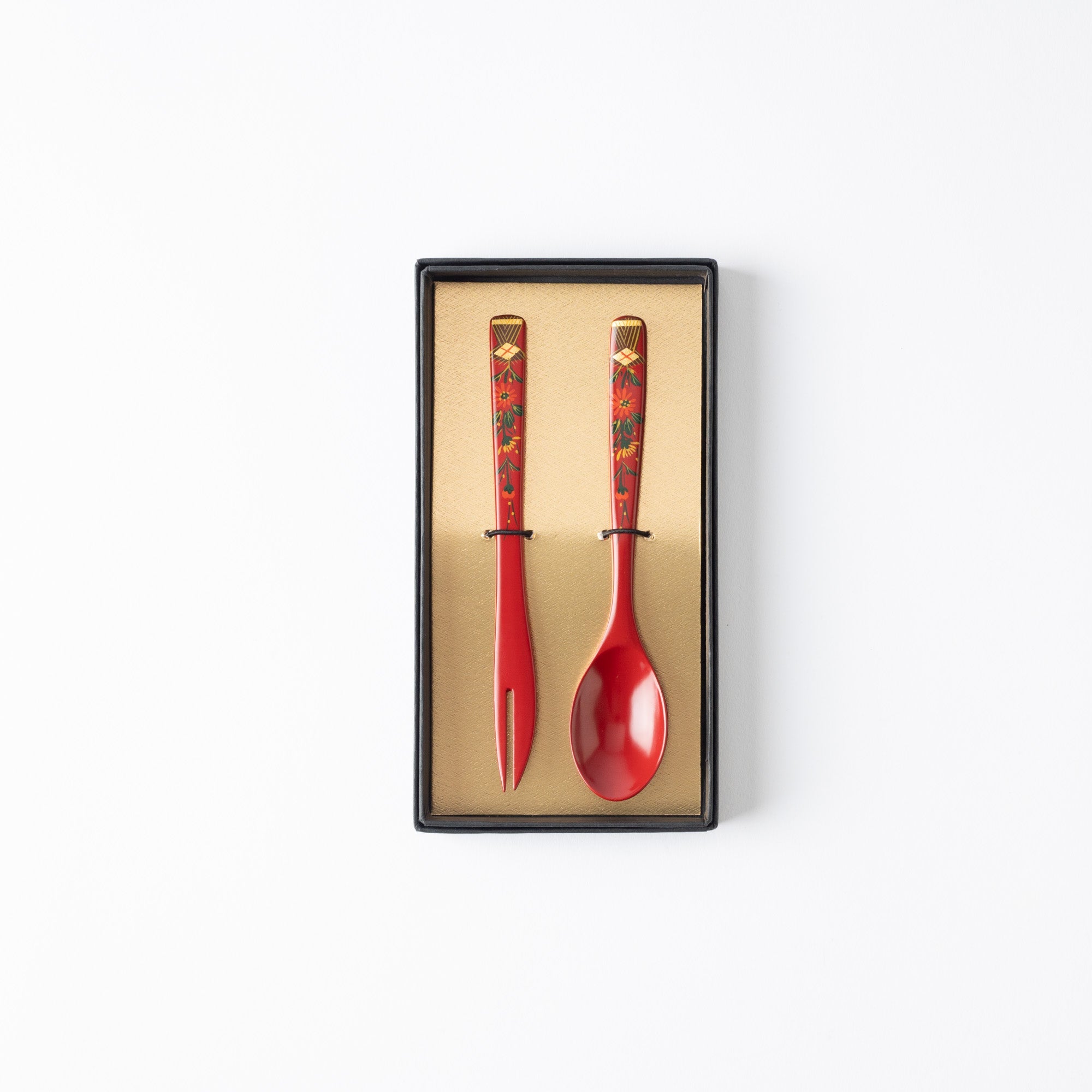 Fukunishi Sobe Chrysanthemum Aizu Lacquerware Dessert Spoon and Fork Set - MUSUBI KILN - Quality Japanese Tableware and Gift