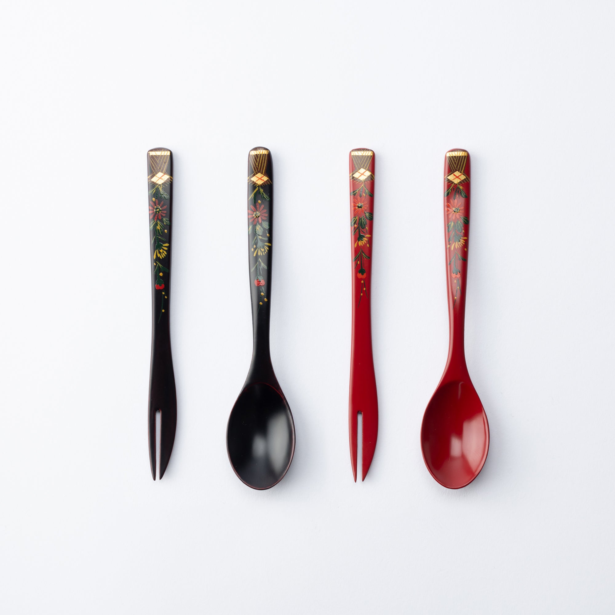 Fukunishi Sobe Chrysanthemum Aizu Lacquerware Dessert Spoon and Fork Set - MUSUBI KILN - Quality Japanese Tableware and Gift