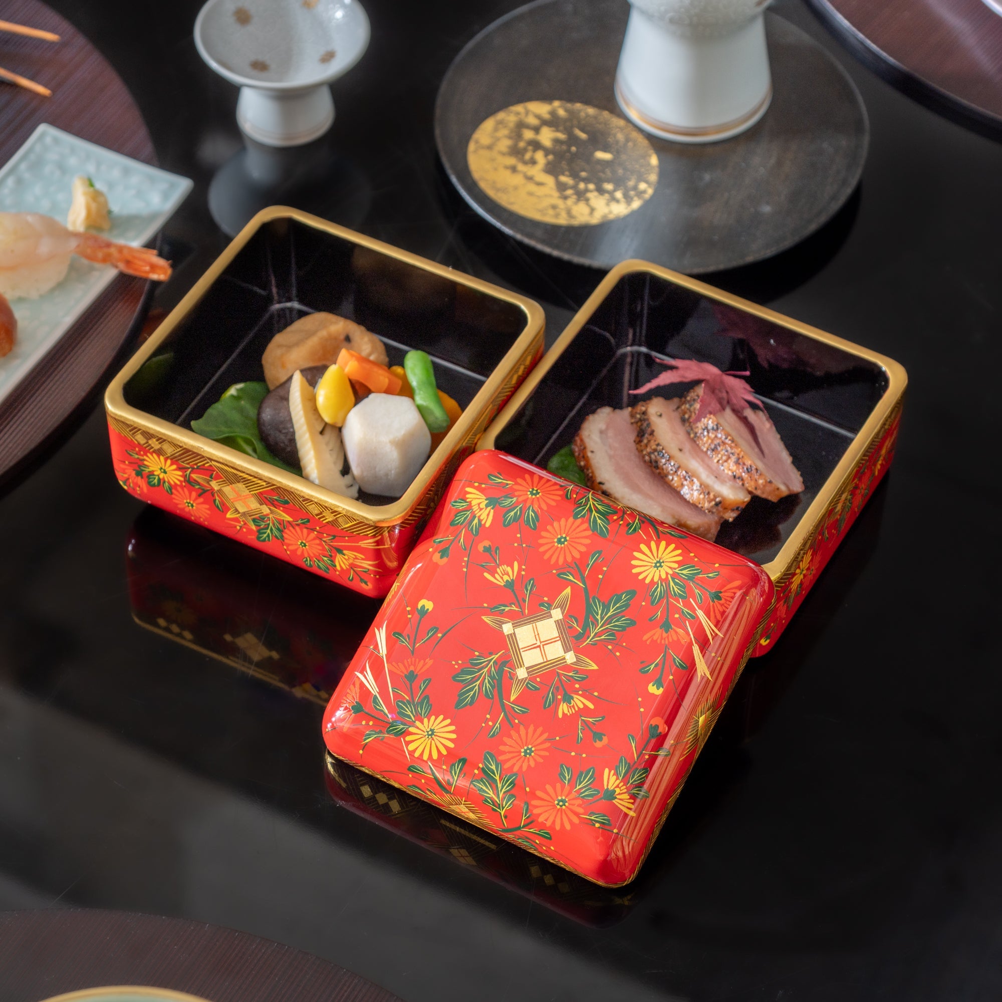 Fukunishi Sobe Chrysanthemum Aizu Lacquerware Two Tiers Jubako Bento Box - MUSUBI KILN - Quality Japanese Tableware and Gift