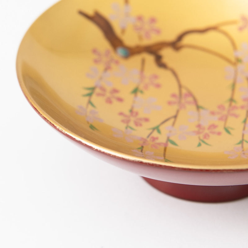 Fukunishi Sobe Gold Weeping Cherry Aizu Lacquerware Sakazuki Flat Sake Cup with Stand - MUSUBI KILN - Quality Japanese Tableware and Gift